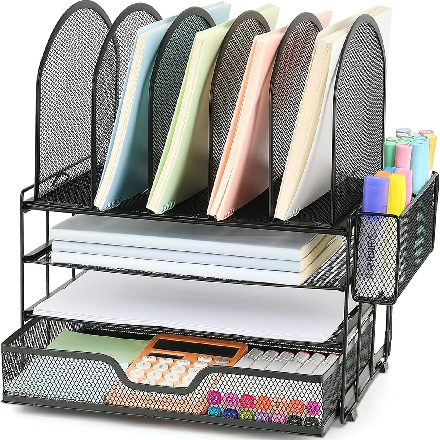 Organizadores de escritorio y accesorios con cajón, organizador de archivos con 5 soportes verticales para archivos y soportes par