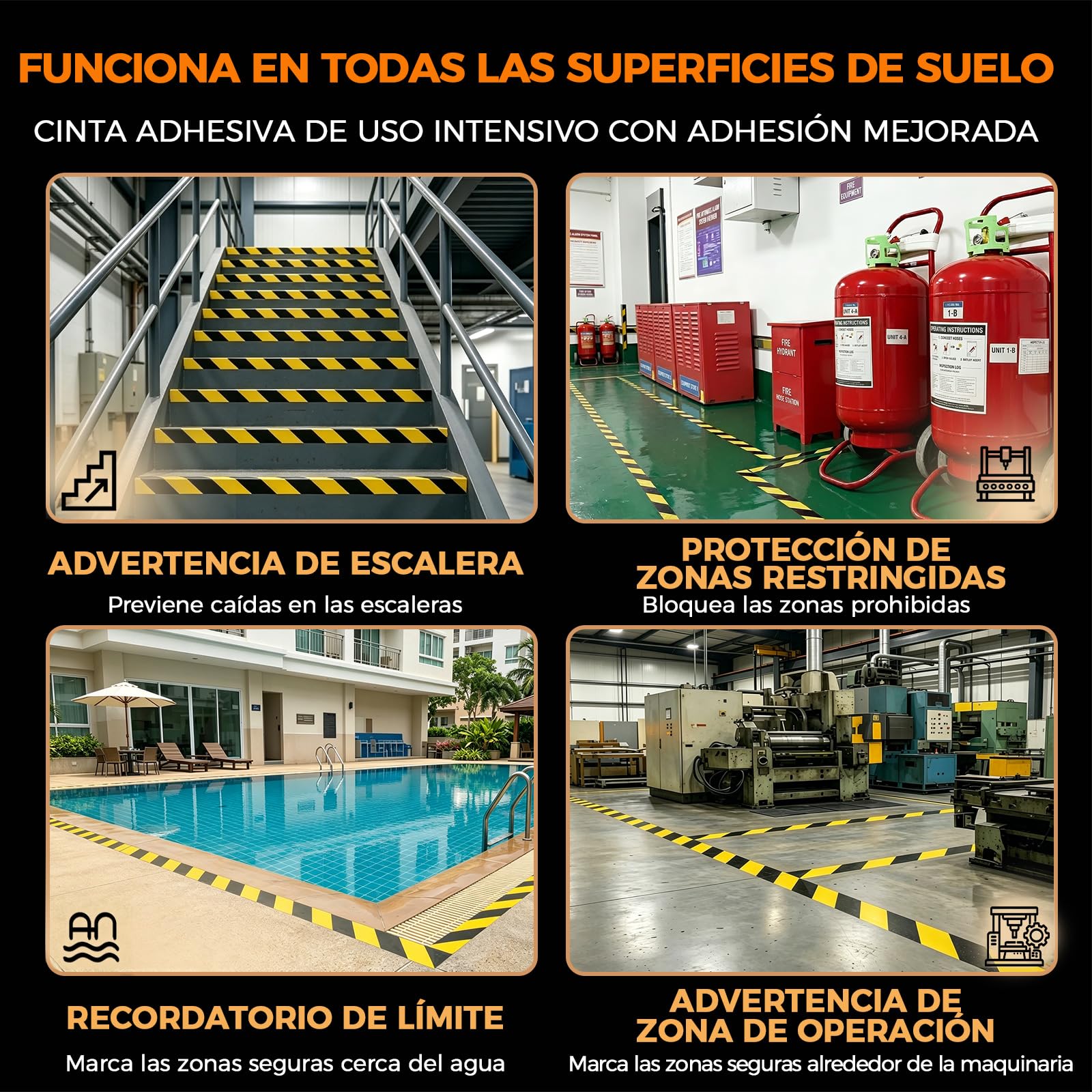 Cinta de Marcaje de Suelo, 50 mm x 30 m, Negro Amarillo | 1,1 mm De Grosor, Reforzada y Resistente al Desgaste, Fuerte Adhesión, Para Almacén e Industria