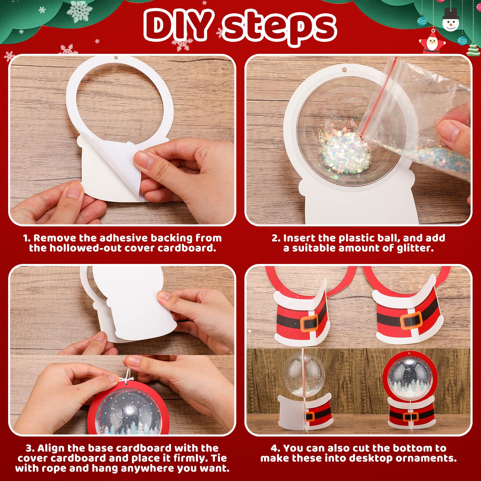 Threehoney Paquete de 24 globos de nieve de Navidad para niños, adorno colgante de globo de nieve 3D para árbol de Navidad con lentejuelas brillantes, papel de media bola 3D y tarjetas (colorido)