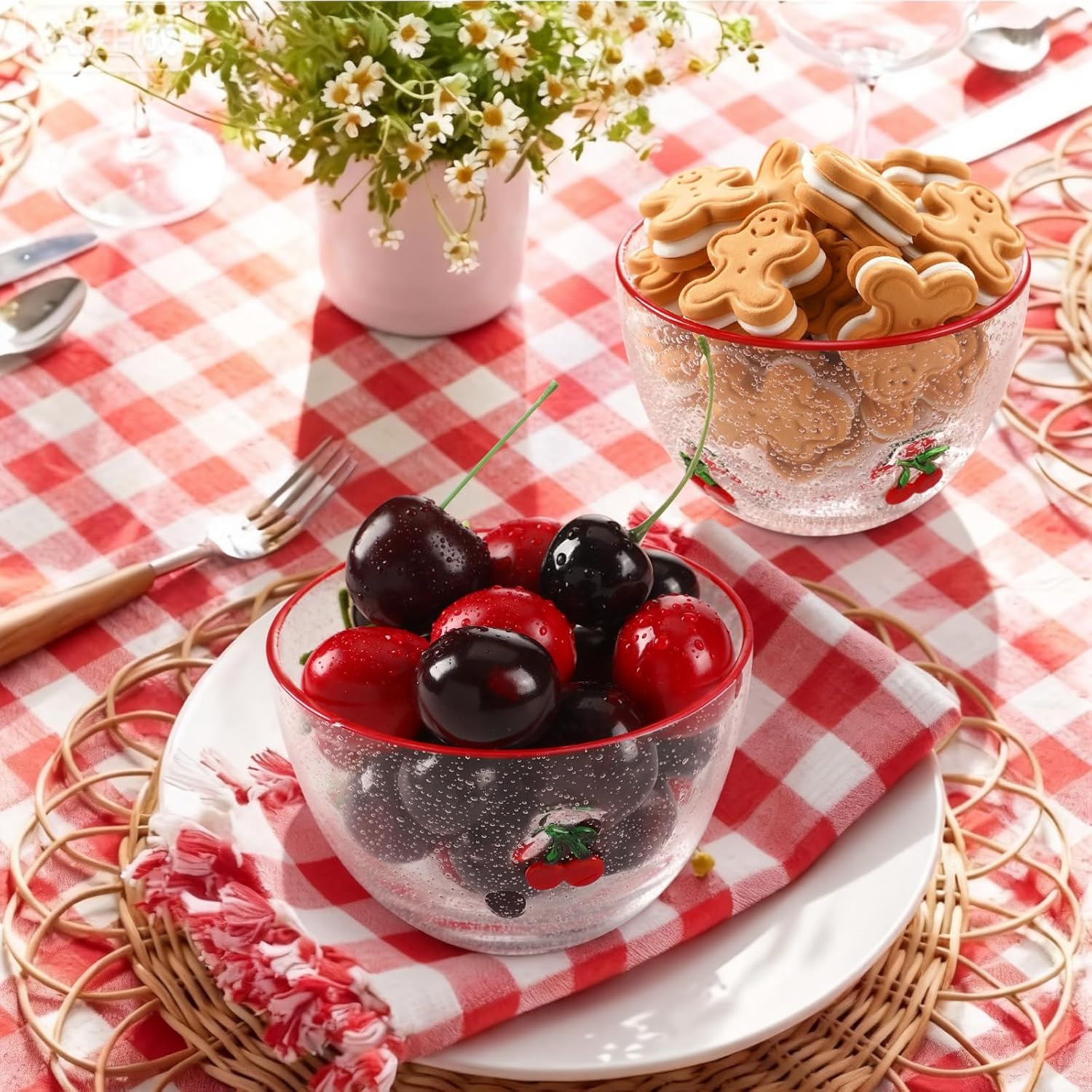 Potchen 2 Pcs Cherry Glass Candy Bowls, 14oz Spring Summer Red Icon Glasses Dish Fruit Dessert Clear Bubble Serving for Office Desk Kitchen Gifts Party Favors Table Decoration