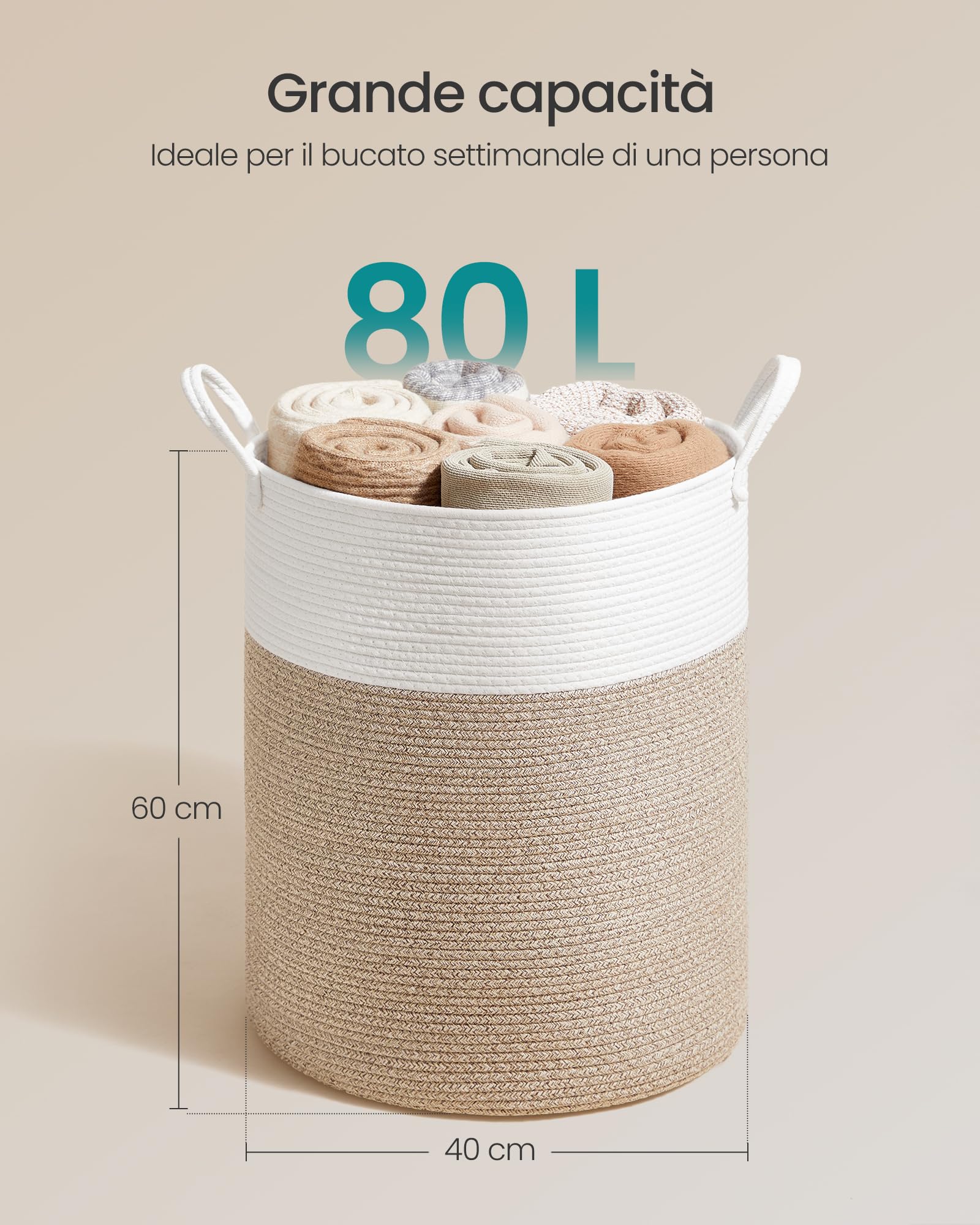 SONGMICS Cesto Portabiancheria, Cesto Biancheria Sporca per Bambini, Corda di Cotone con Manici, per Coperte, Porta Peluche, Camera da Letto, Cameretta, 80 L, Bianco e Marrone Grigiastro RLH062LZ01