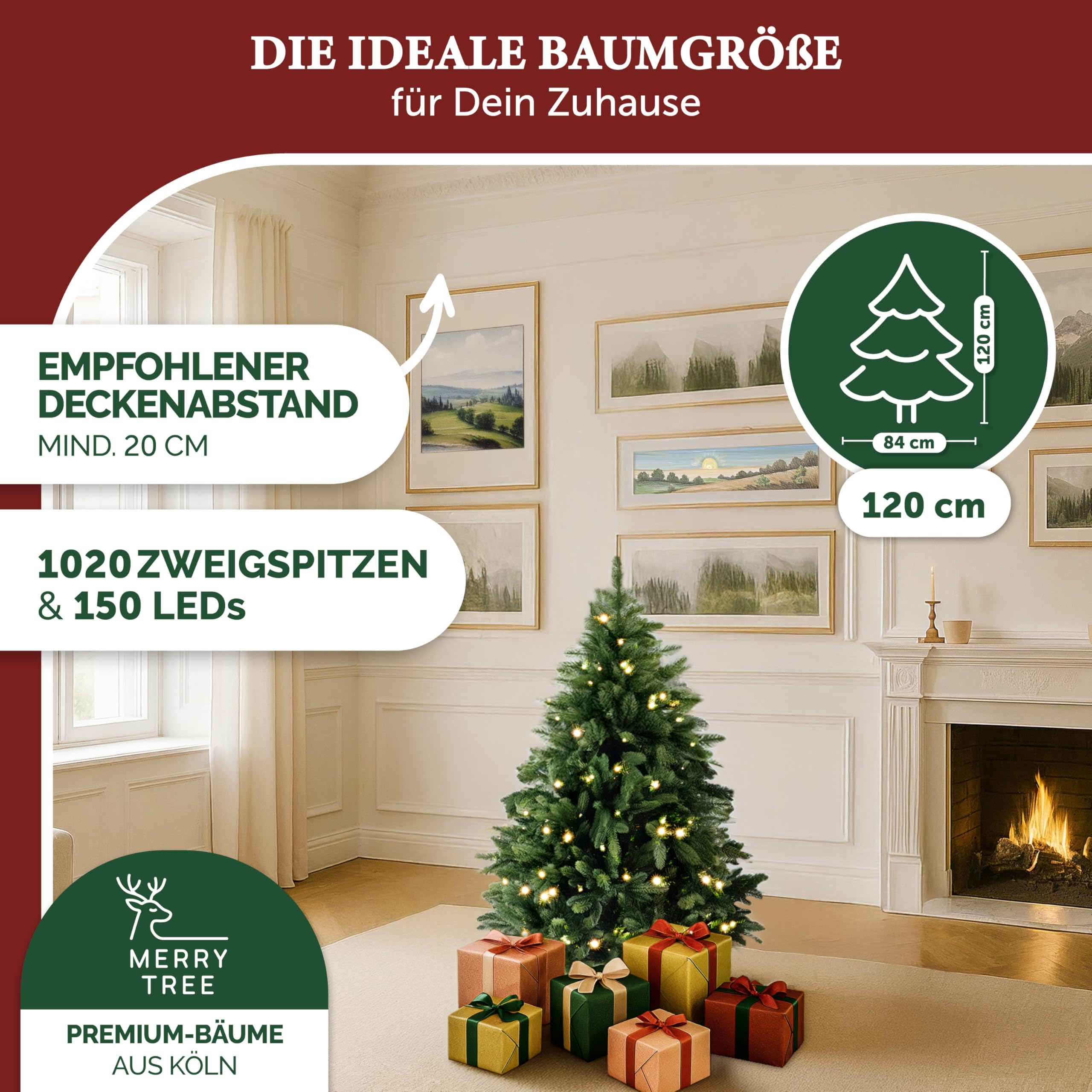 Premium künstlicher Weihnachtsbaum 120cm - Weihnachtsbaum mit Beleuchtung LED - Tannenbaum Spritzguss 100% PE-Nadeln inkl. edlem Holzfuß - Tannenbaum künstlich mit Beleuchtung - Christbaum