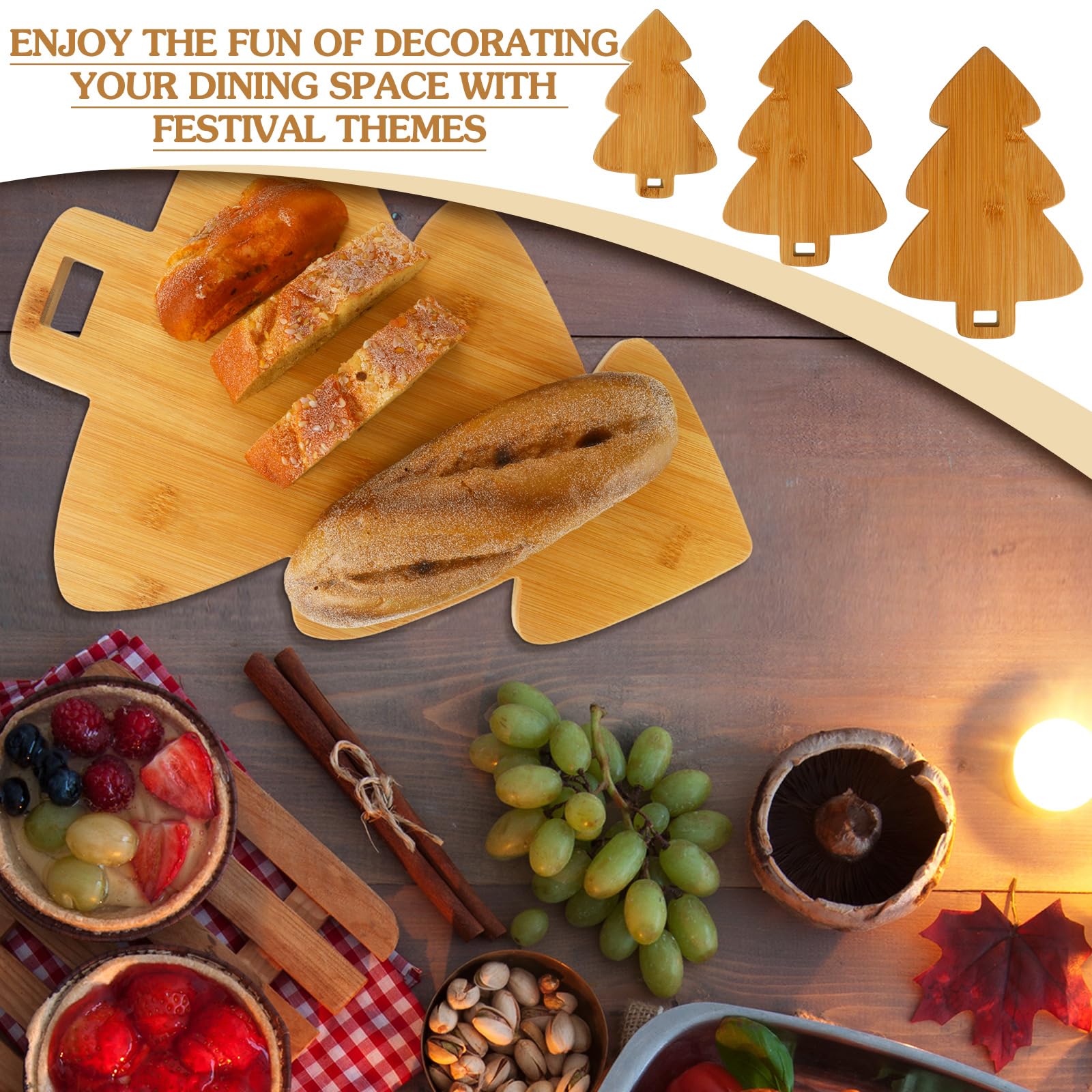 Sliner Juego de 3 tablas de cortar en forma de árbol de Navidad, tabla de cortar de madera, bloque de carnicero de madera para decoración de cocina, queso, verduras, carne, frutas, ensalada, vino,