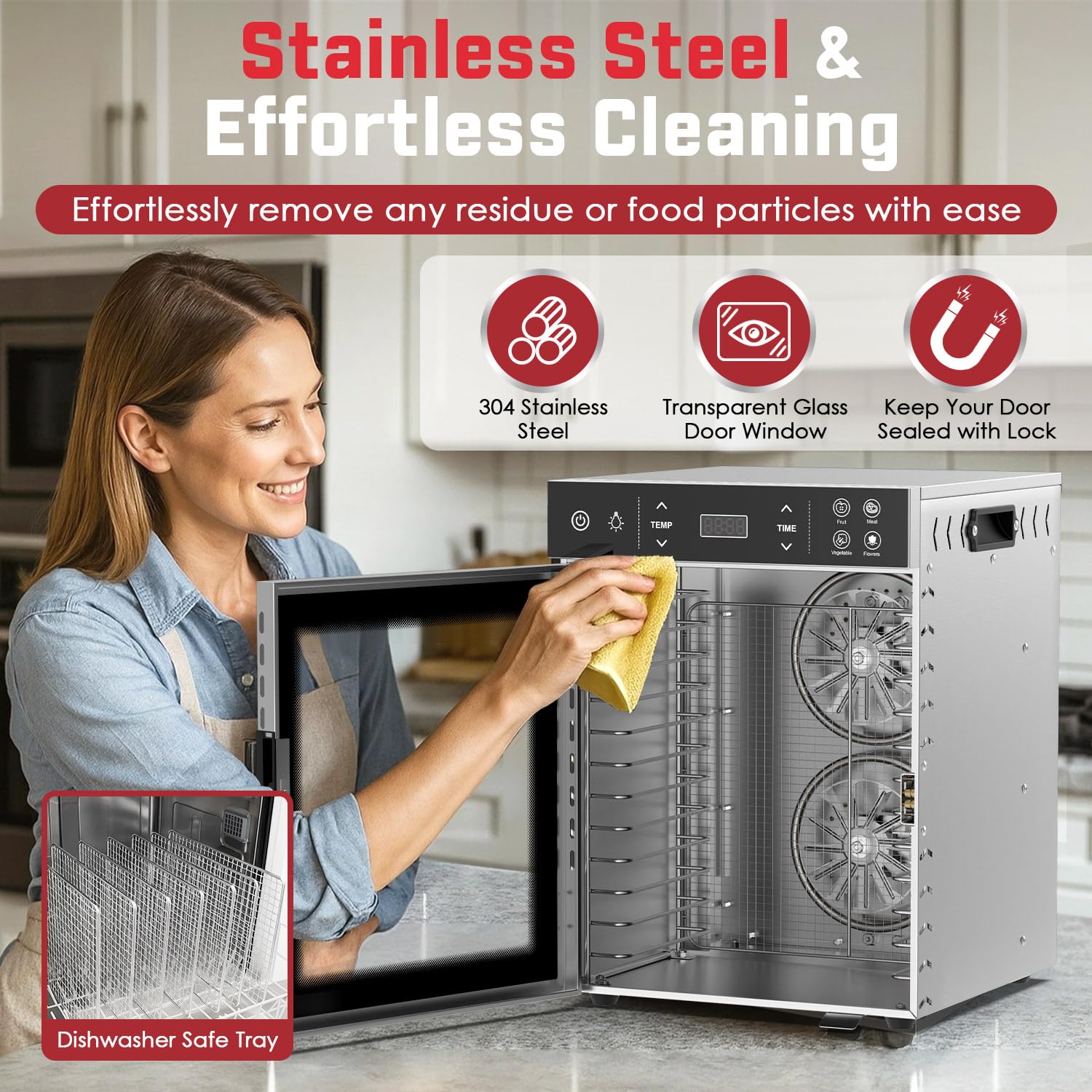 HOPERAN - Deshidratador de alimentos - 12 bandejas de acero inoxidable, máquina deshidratadora eléctrica de 800 W con 4 preestablecidos, temporizador ajustable, control de temperatura, secador de