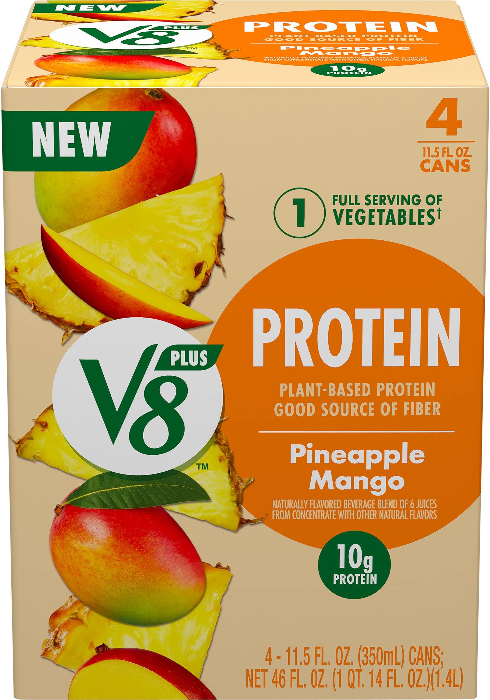 V8 +Protein Pineapple Mango Flavored Protein Drink, Plant Based Drink Made with Natural Flavors, 11.5 FL OZ Can (Pack of 4)