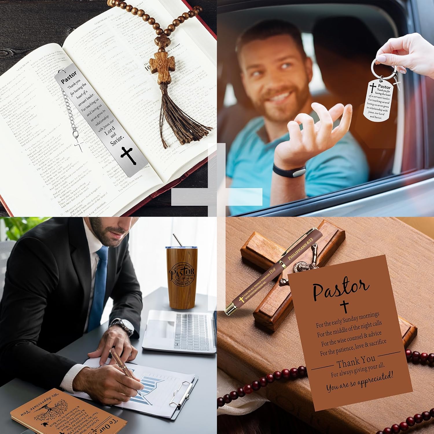 Pastor Gifts for Men, Pastors Appreciation Gift Set with 20 Oz Tumbler Socks Acrylic Plaque Leather Journal Notebook Engraved Pen Bookmark Keychain for Dad, Husband, Grandpa, Male Friends, Coworker