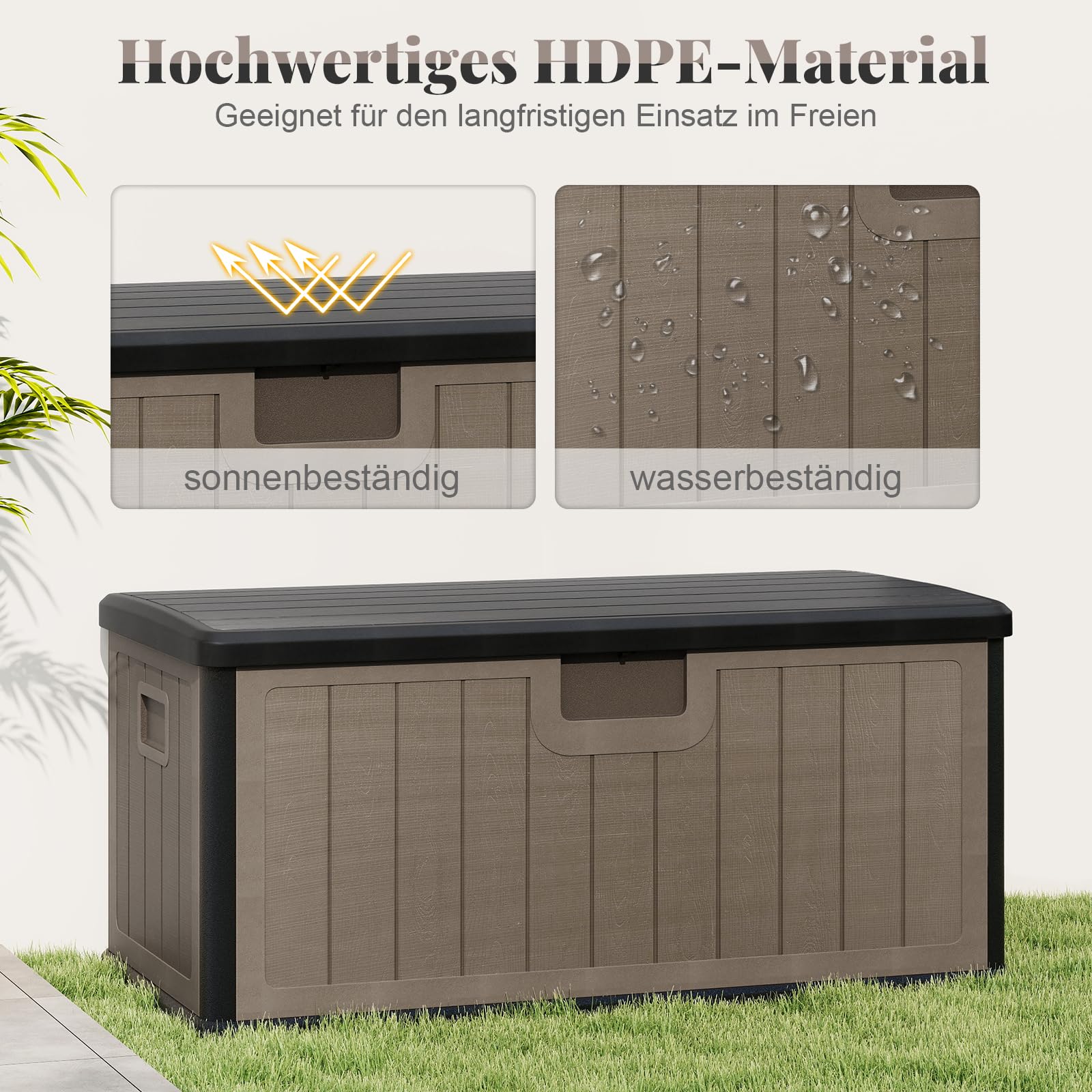 GOPLUS 378 L Gartenbox, Auflagenbox wasserdicht, Aufbewahrungsbox mit abschließbarem Deckel & Griff, Kissenbox für Garten, Gartentruhe für Terrasse, Poolzubehör & Gartengeräte (Schwarz+Braun)