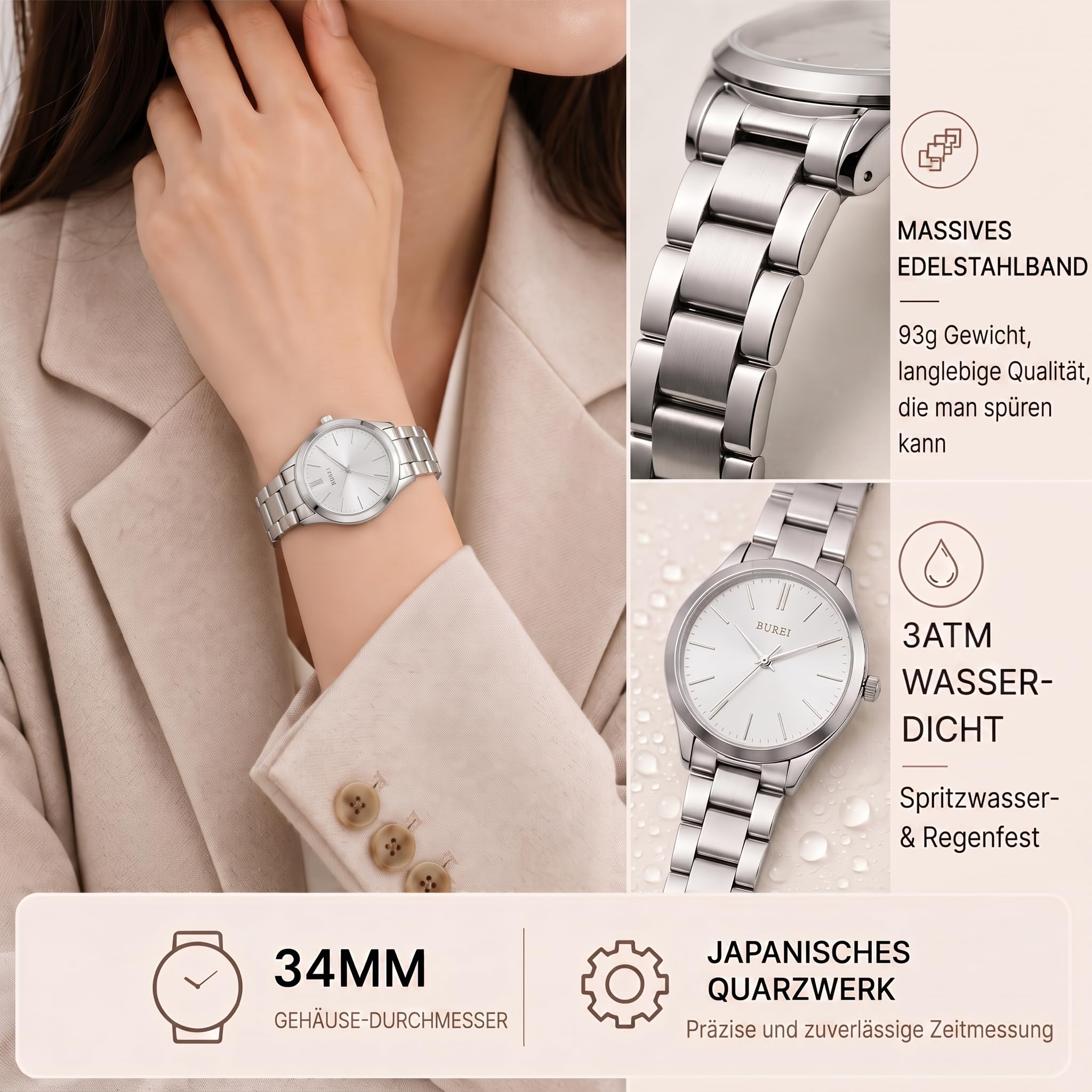 BUREI Reloj de Pulsera analógico Minimalista de Cuarzo para Mujer, clásico, Acero Inoxidable, Regalo para Mujer