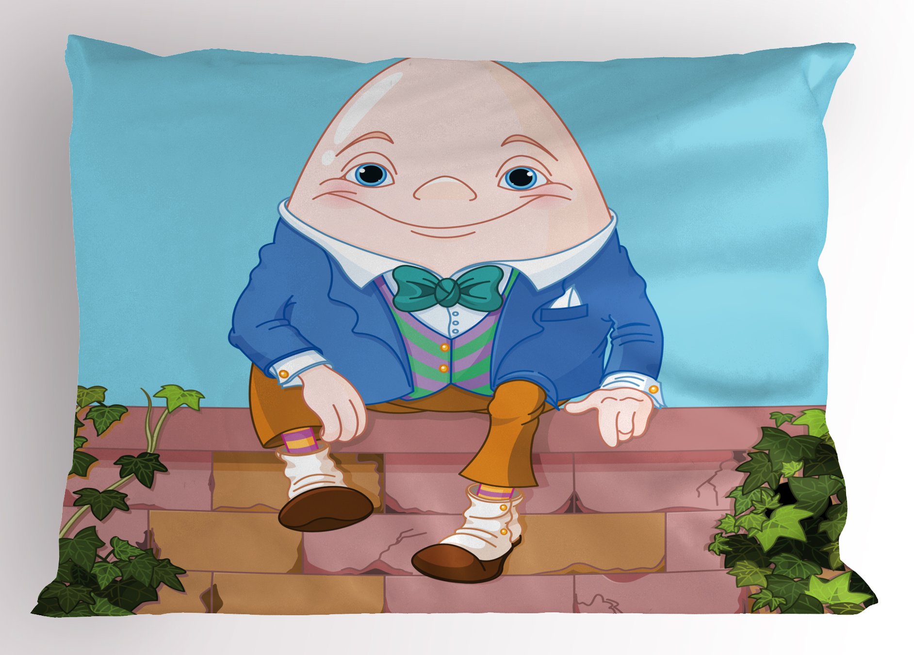 Lunarable Alice in Wonderland Pillow Sham, Egg Humpty Dumpty Sitting on Brickwork Wall in Colorful Cartoon Style, Decorative Standard Size Printed Pillowcase, 26