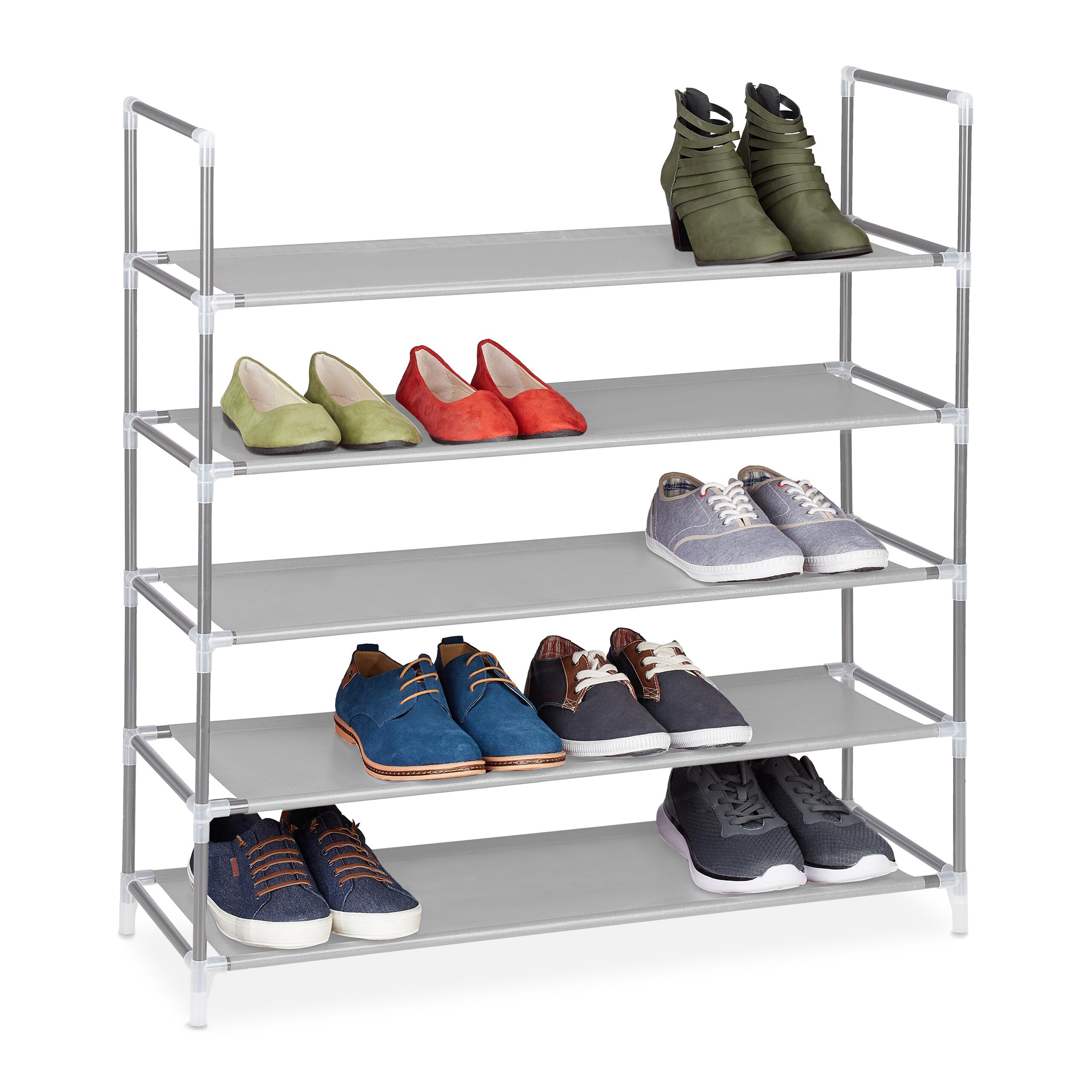 Relaxdays Regał na buty z systemem wtykowym, 5 poziomów, półka na 20 par butów, metal i tkanina, wys. x szer. x gł.: 90,5 x 87 x 29,5 cm, szary
