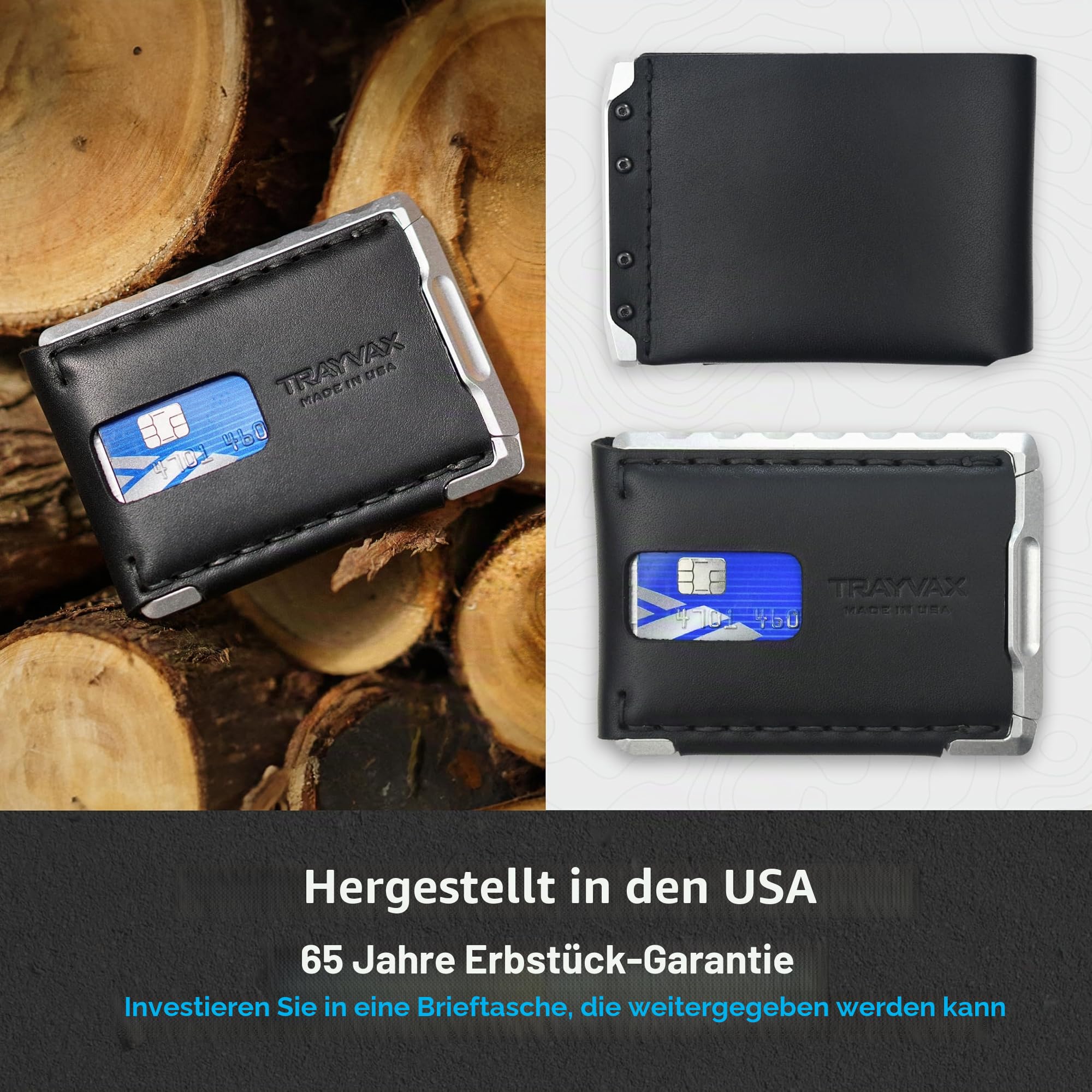 Trayvax Venture Billfold Wallet Fronttasche Geld und Kreditkartenetui Minimalistische Slim Leder Metall Geldbörse für Damen und Herren, Nightfall Schwarz, Compact, Slim, Billfold