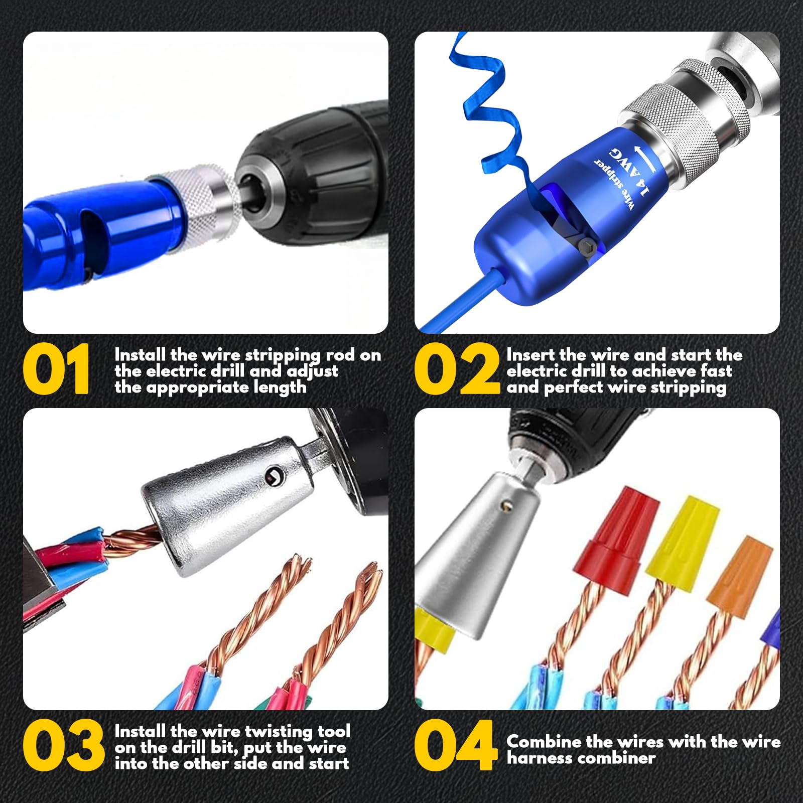 Wire Stripper Twister Tool for Drill, Upgraded US Regulations Impact Wire Stripping Tool & Wire Twisting Connector for Drill 6-14 AWG, 9 in 1 Professional Electrician Tools Gift Set — Amazon image 5