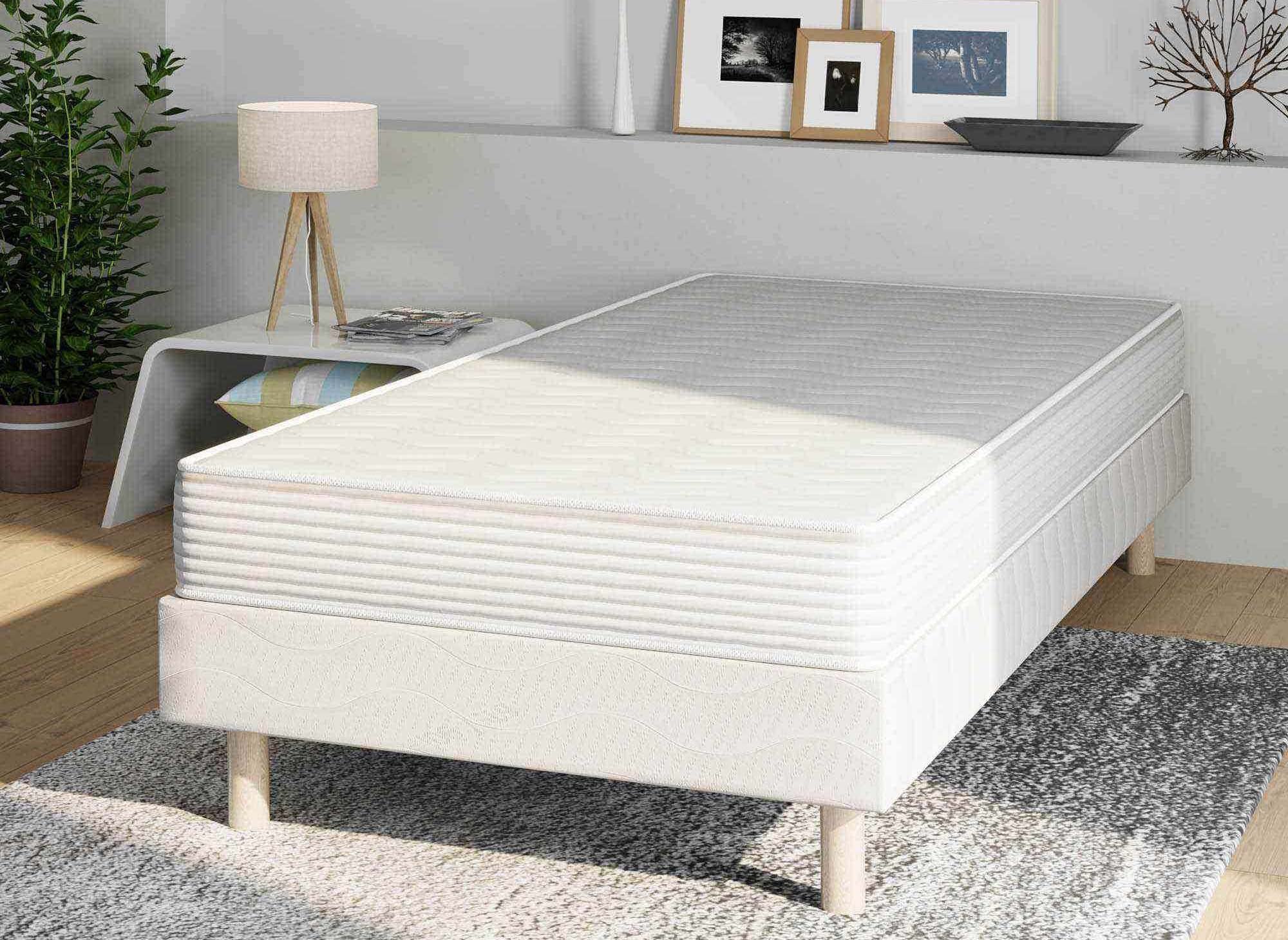 Ensemble Lit Single Dodo - Sommier + Matelas 90x190cm, Mousse Polyuréthane 23kg/m³, Blanc, Anti-Acariens