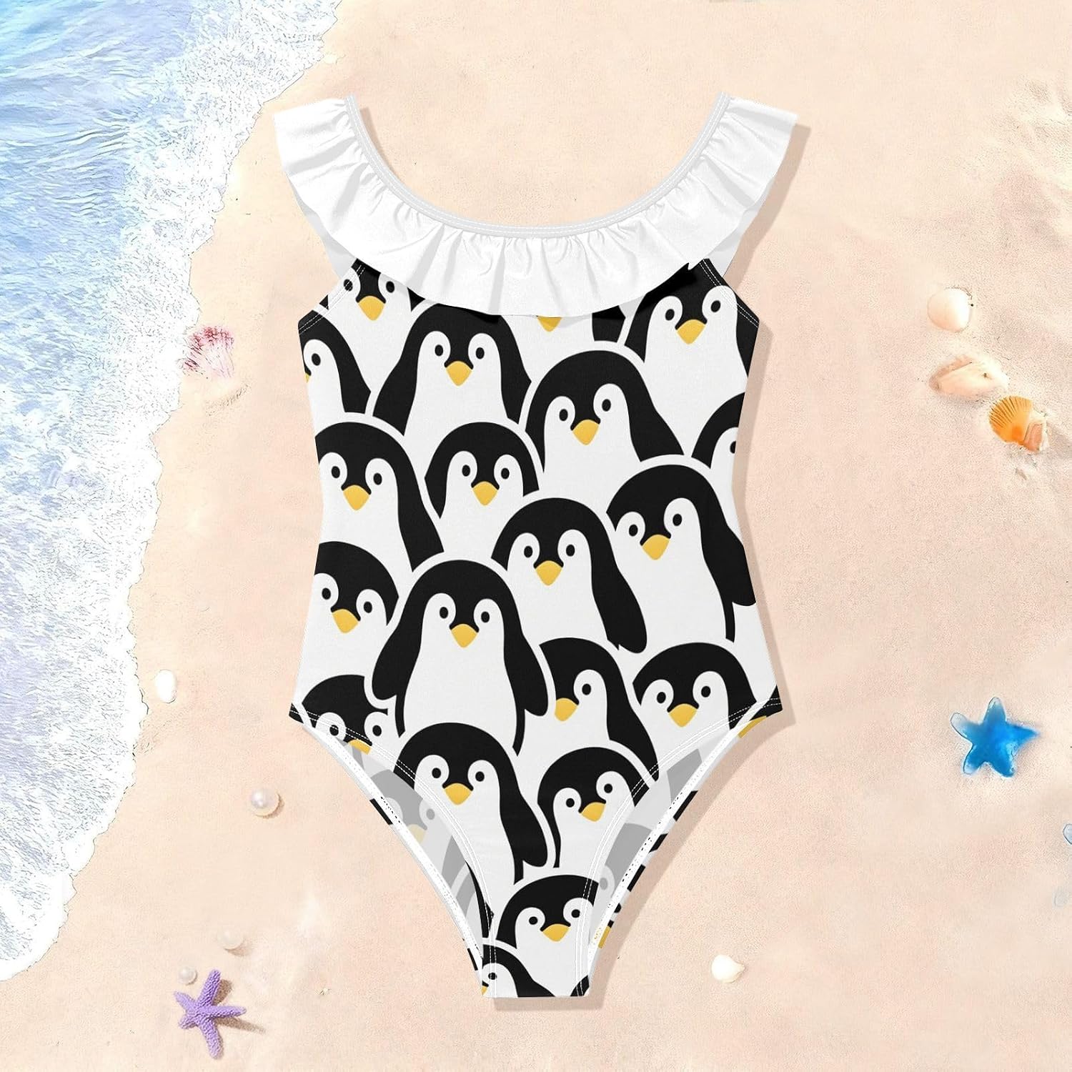 visesunny Girls One Piece Swimsuits Ruffle Swimwear Cartoon Antarctic Penguin Design Bathing Suits for Girls 3-6Y