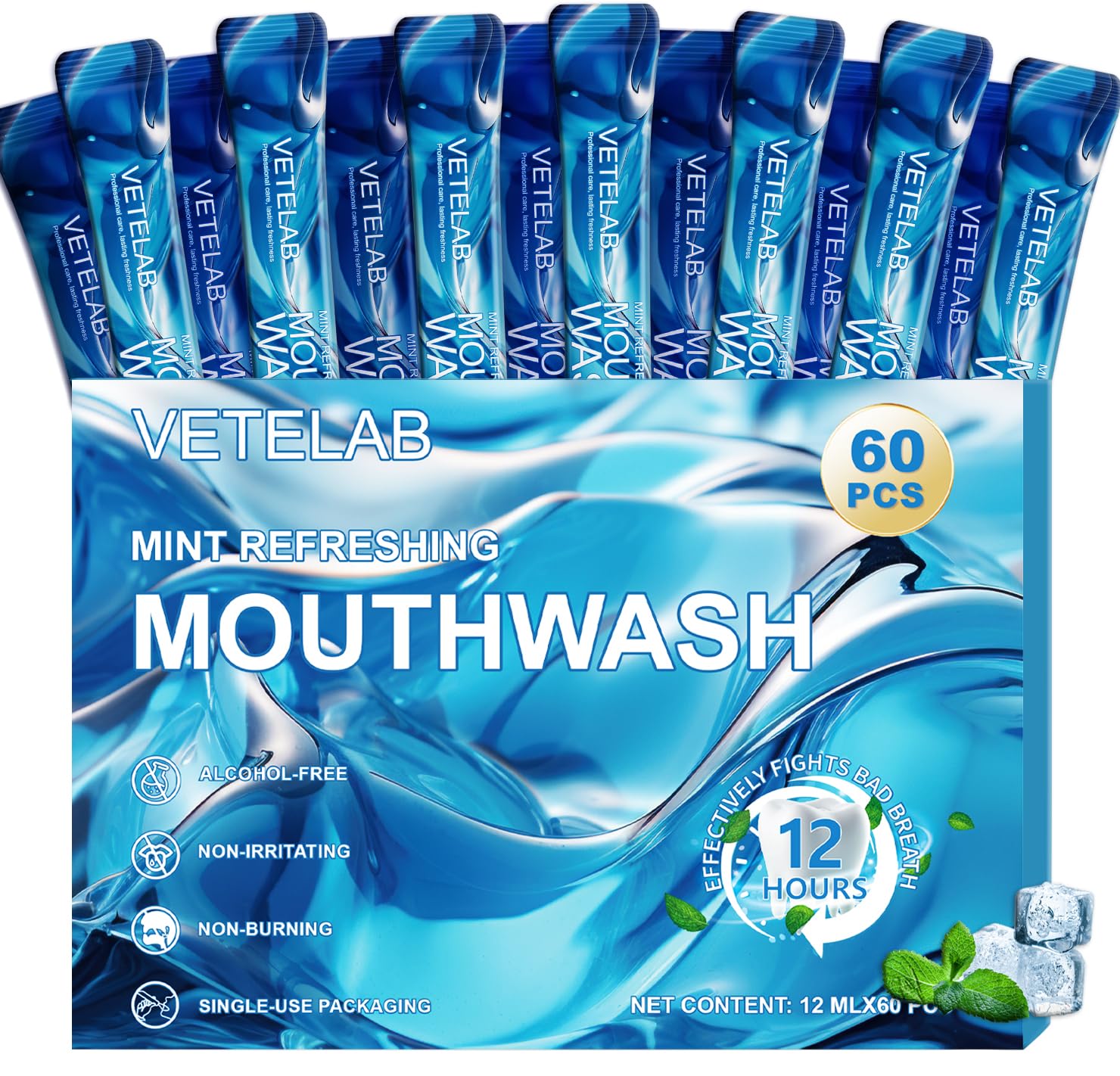 Portable Travel Size Mouthwash Packets - TSA-Approved Mini Mint Mouthwash for Adults, Alcohol & Fluoride-Free Oral Care for Air Travel, Dates & Office, 60 Individually Wrapped 0.4oz Packs 0.41 Fl Oz (Pack of 60)