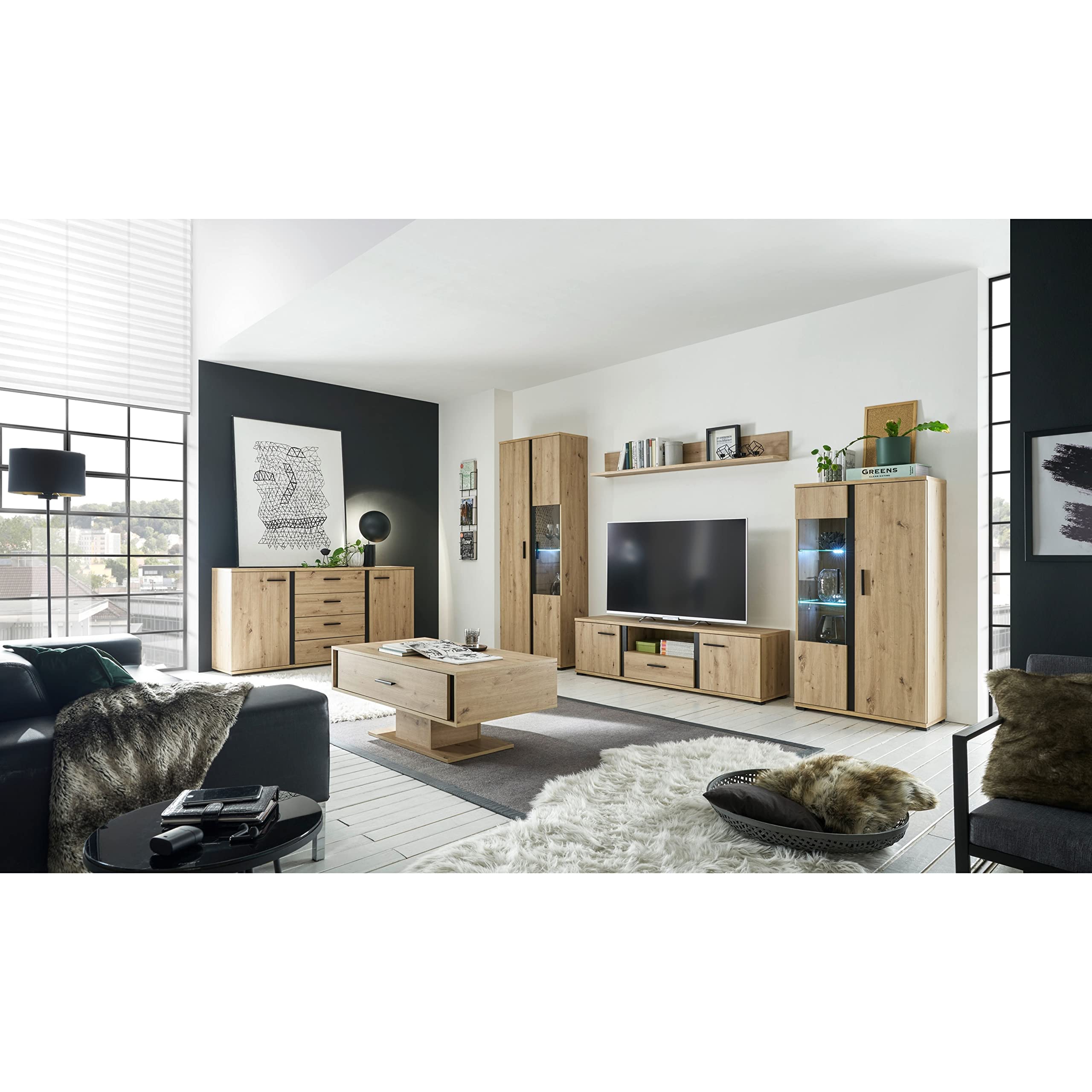 KANADA Wohnwand Komplett-Set in Artisan Eiche Optik, Schwarz - Moderne Schrankwand mit Beleuchtung für Ihr Wohnzimmer - 340 x 196 x 40 cm (B/H/T)