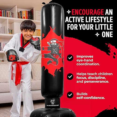 Miniatura 3 de THB - Saco de boxeo inflable para niños, bolsa de boxeo ninja independiente de 63 pulgadas, incluye bomba de aire eléctrica con guantes para