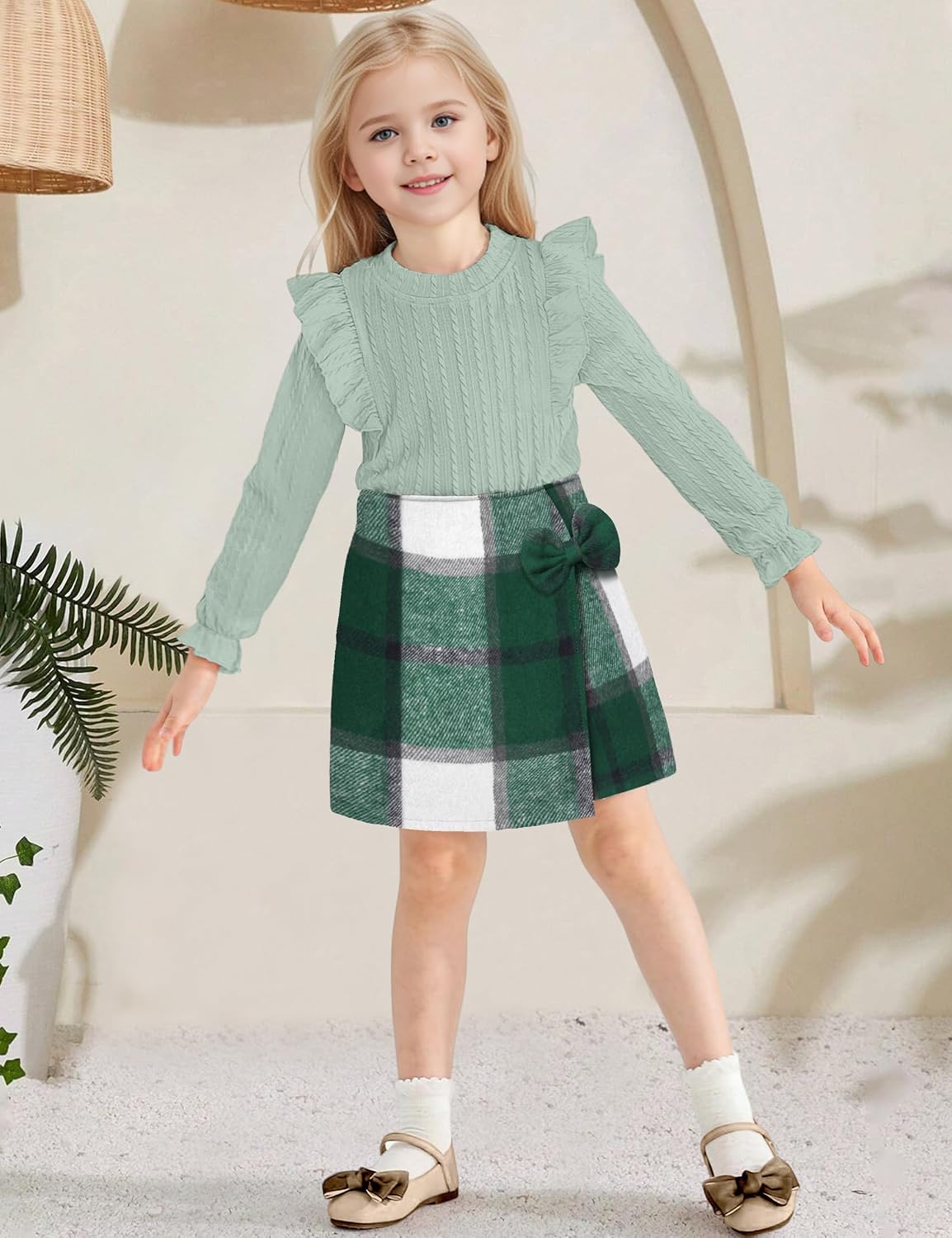 Toddler Girl Clothes, Kids Clothes 2 Piece Ruffle Sleeve Tops Mini Plaid Skirt Skort Fall Winter Outfits Set 3-7T
