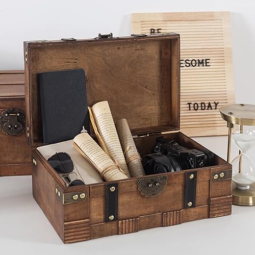 Miniatura 6 de Soul & Lane Cajas de madera con tapas con bisagras, juego de 2, baúles decorativos para almacenamiento y decoración del hogar, cofres del tesoro de