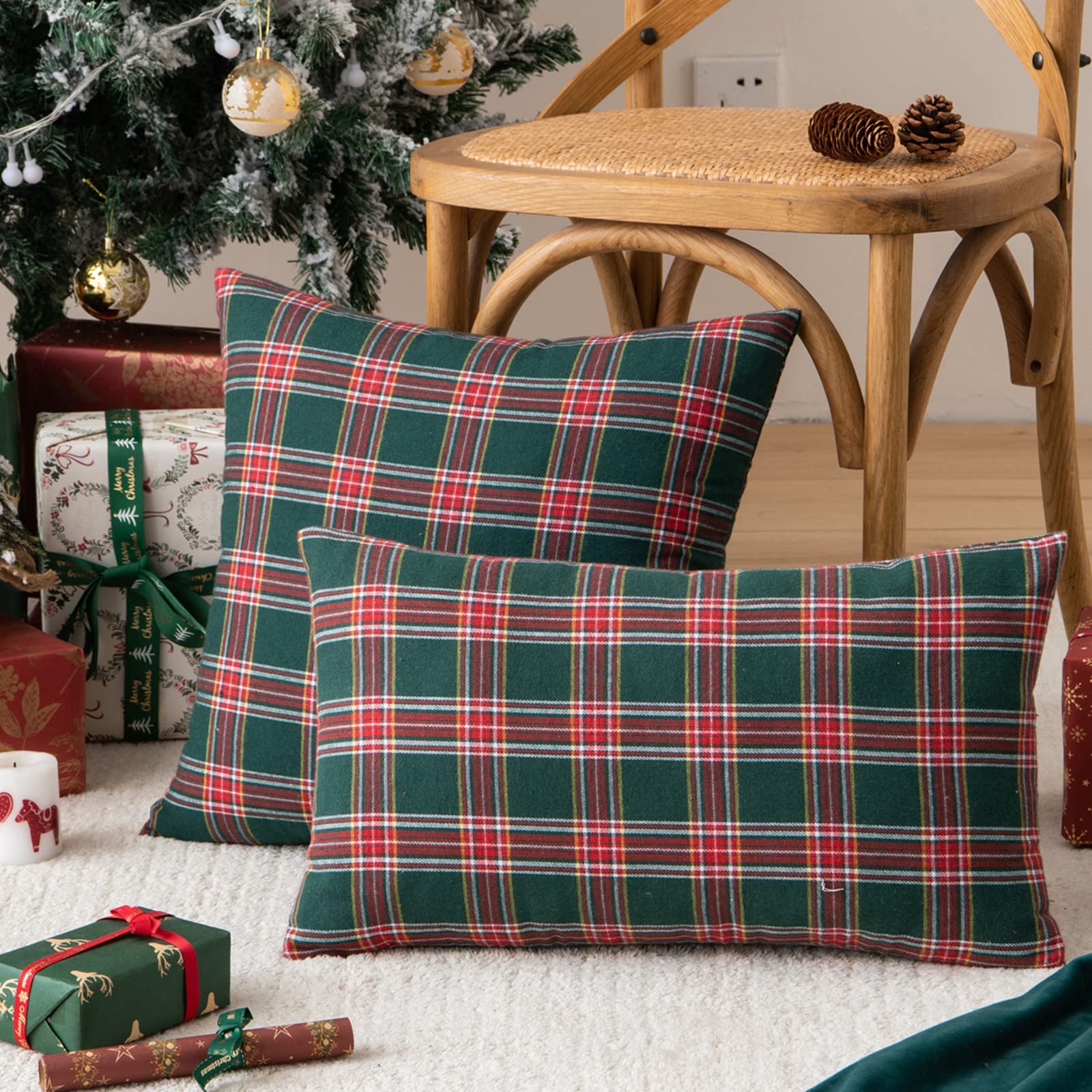 Set Di 2 Federe Per Cuscini Quadri Scozzesi, 45x45 Cm, Rosso Tartan, In Misto Cotone, Per Divano E Letto