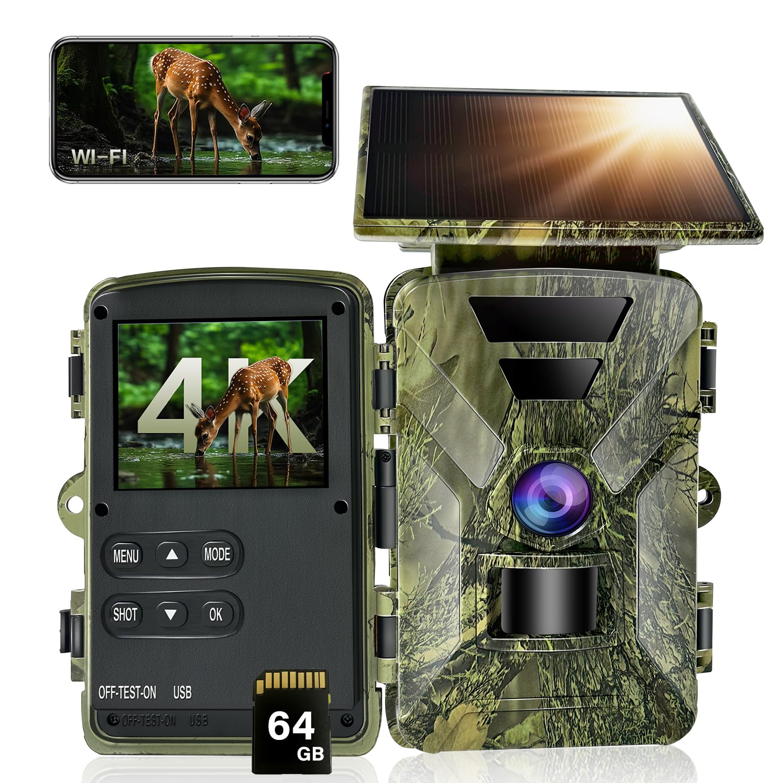 HAZA Caméra de Chasse Solaire Wi-Fi 4K HD, 5000mAh Batterie Rechargeable, Détecteur de Mouvement, Vision Nocturne Animaux avec Carte SD 32G