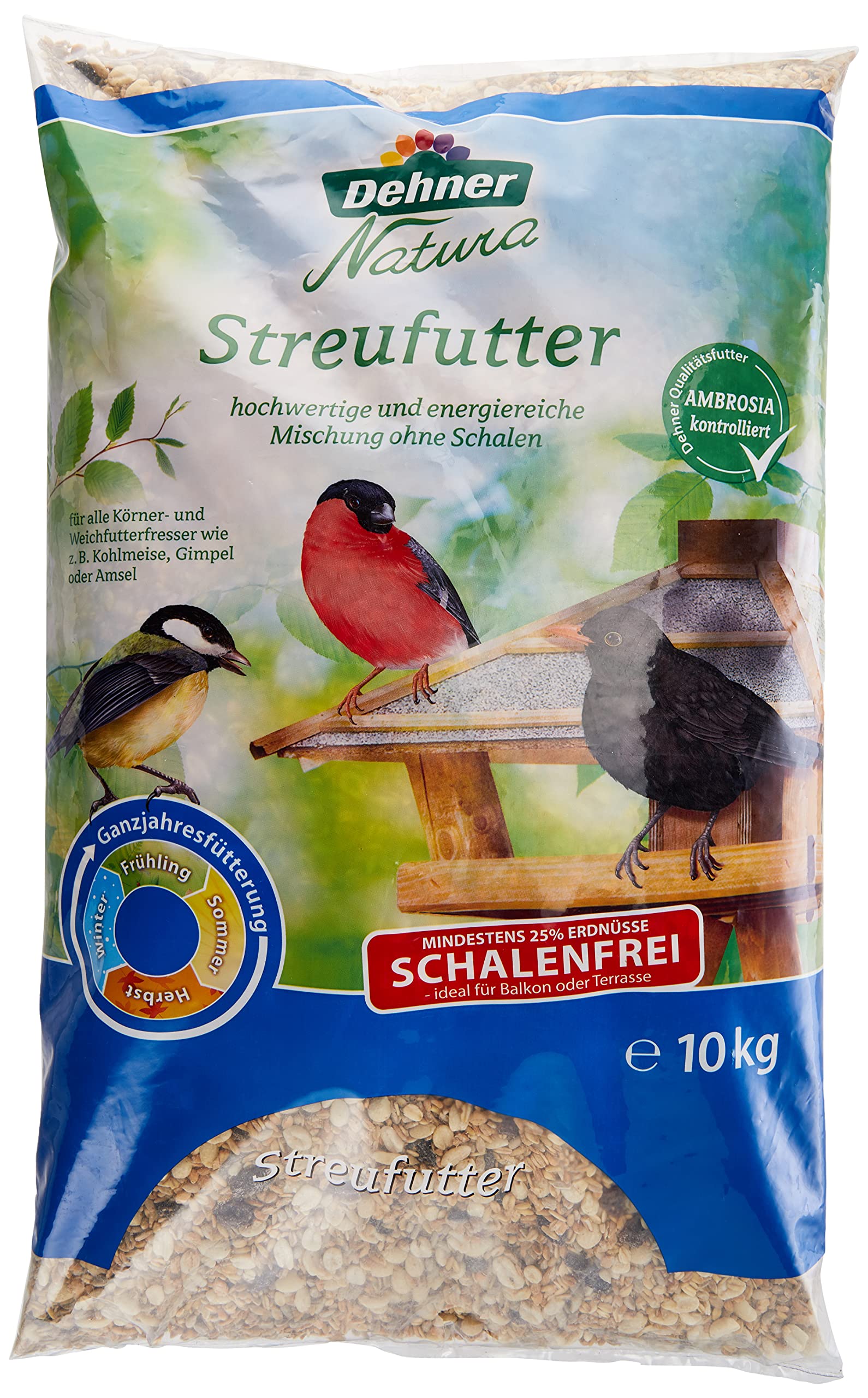 Dehner Natura Wildvogelfutter, schalenfreies Streufutter, 10 kg & Natura Wildvogelfutter, halbe/ganze Erdnüsse, 5 l (3.4 kg)