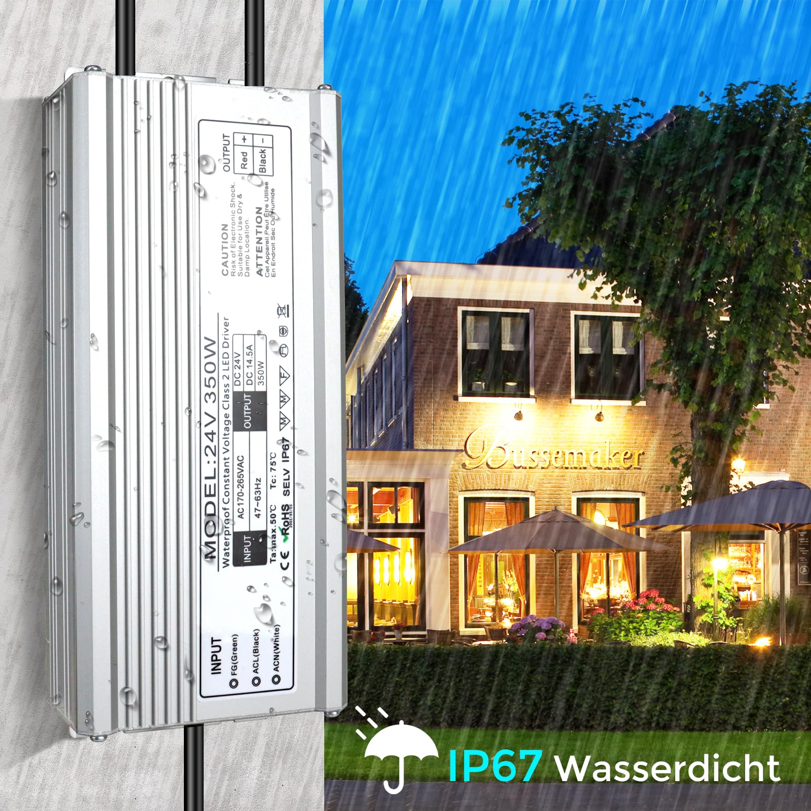 Trasformatore LED 24 V 350 W IP67, trasformatore impermeabile per esterni, con spina, alimentatore di rete, driver da 230 V a DC 24 Volt, adattatore LED Driver esterno per luci LED