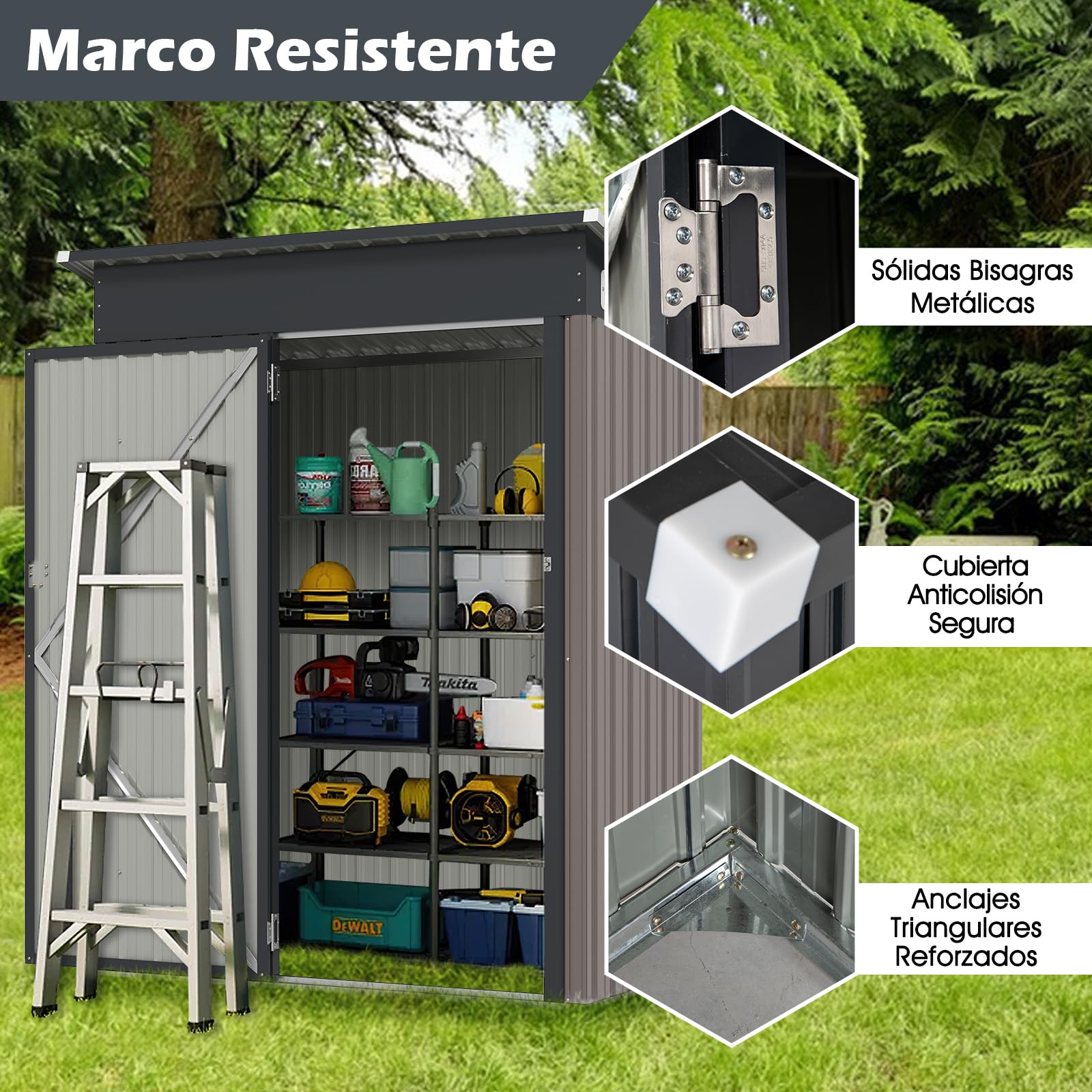 COSTWAY Caseta Jardin Exterior 1,5 m³, 150 x 90,5 x 185 cm, Cobertizo de Almacenamiento, Casa de Herramientas con Diseño de Techo Inclinado, Estructura de Metal Galvanizado (Gris Claro)