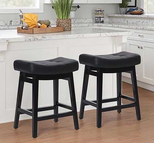 Juego de 2 taburetes de bar negros para encimera de cocina, taburetes de bar modernos con asiento tapizado de piel sintética sin espalda y patas de