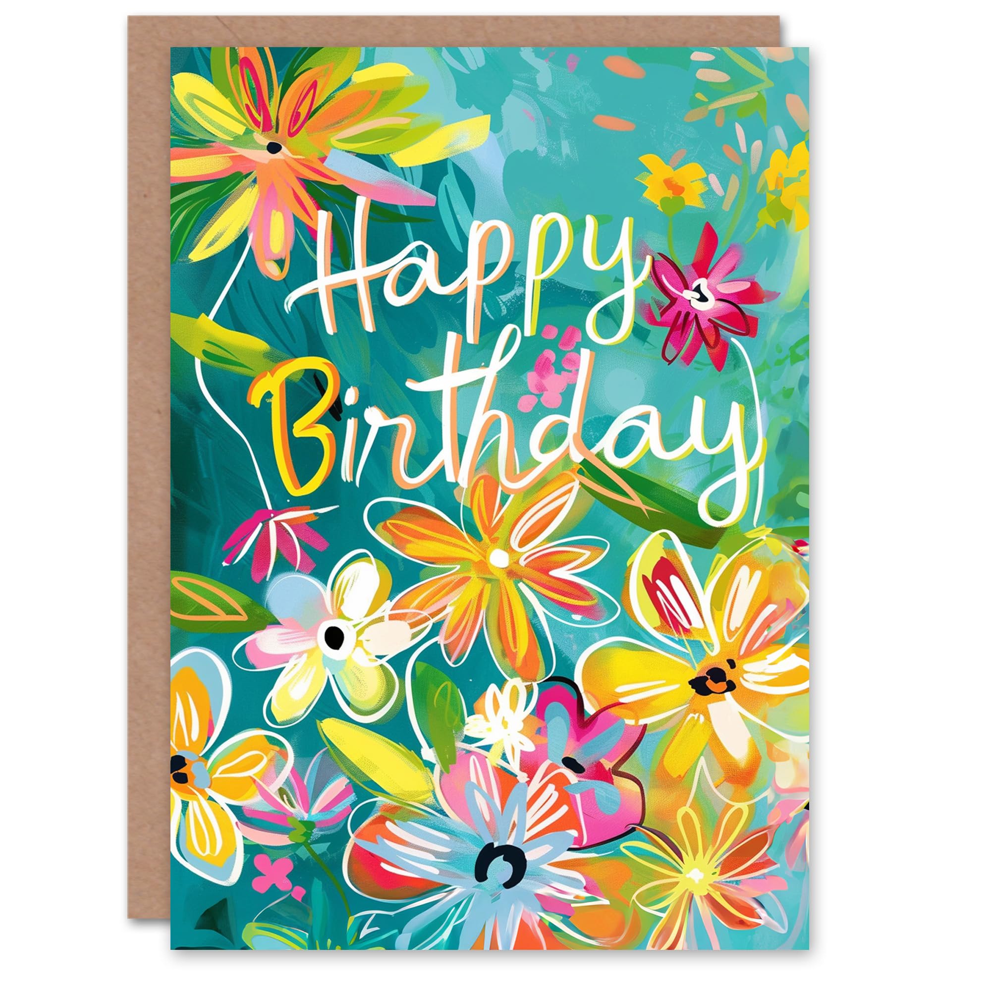 Artery8 Birthday Card Tropical Exotic Flowers Painting Bright Colourful Joy For Her Gran Sister Niece Daughter Wife Woman Greeting Card