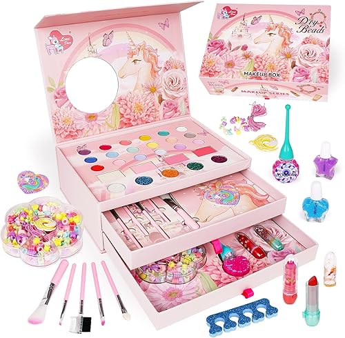 Kit de maquillaje lavable para niñas con cosmético real, juego de maquillaje de juguete de simulación para niños pequeños con espejo de maquillaje,