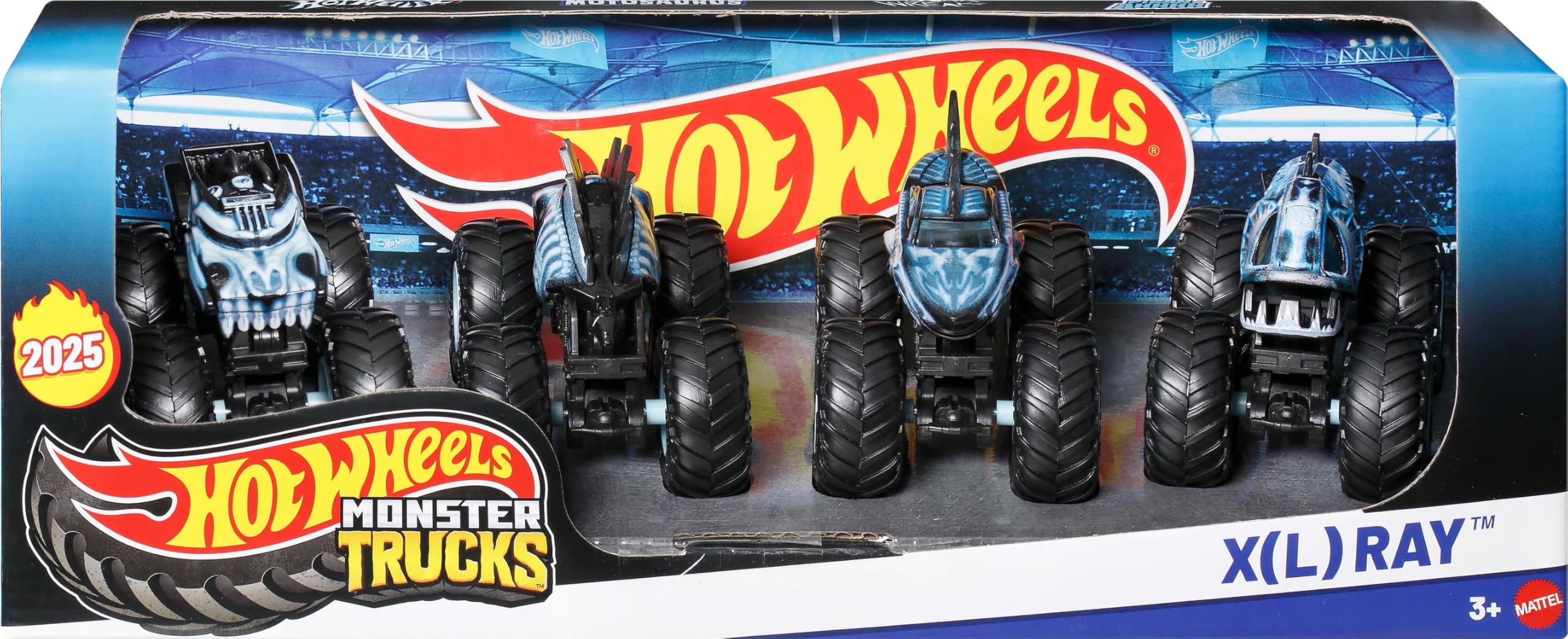 Hot Wheels Monster Trucks, 4 ciężarówki w skali 1:64, zestaw 4 pojazdów z motywem rentgenowskim, gigantyczne koła, ulubione postacie i fajne wzory