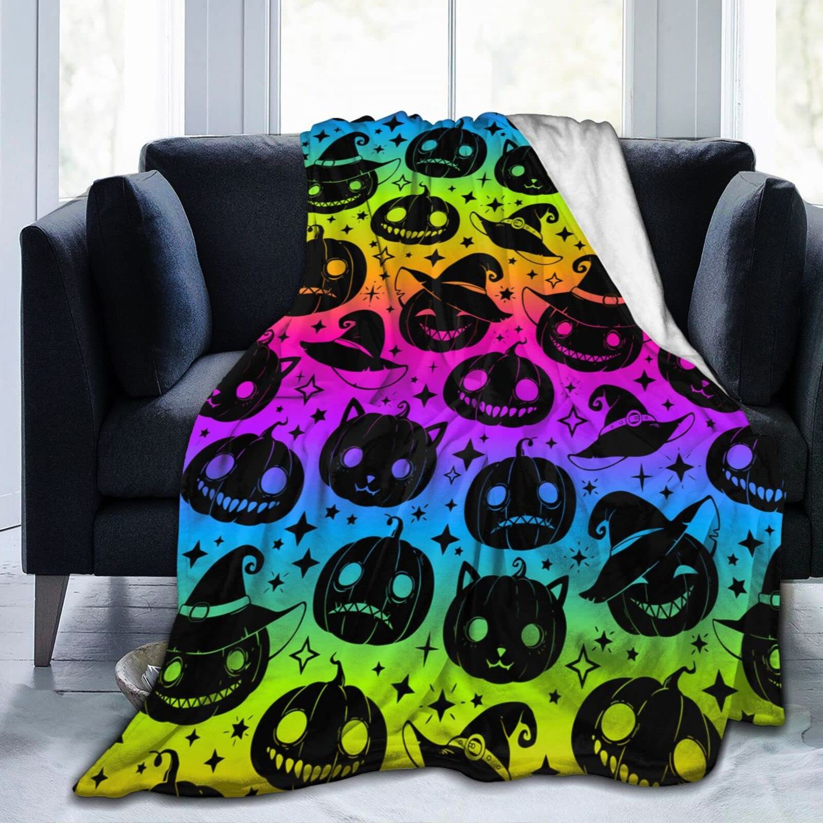 Lsjuee Bright Halloween Pumpkins Throw Blanket Warm Cozy Blankets Lightweight Soft Cozy Flannel Funny Halloween Blanket for Sofa Couch Bed Home Decoration 80"X60"