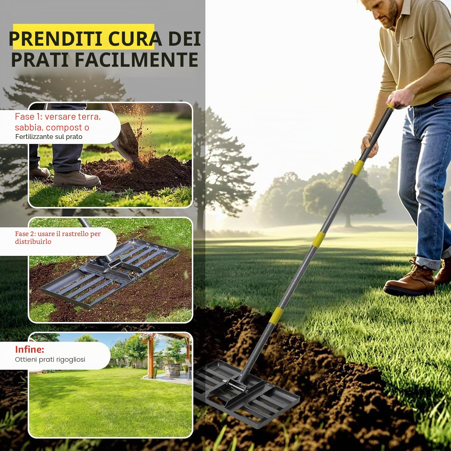 Rastrello Livellatore per Prato, 43x25cm Rastrello Livellatore per Prato con Impugnatura Regolabile - Saldature rinforzate Bordo Liscio, per Terreno, Sporco, Paesaggistica/182cm Blu