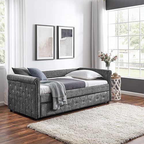 Vista 23 de Sofá cama de tamaño individual con nido, cama de día tapizada y nido, marco de sofá cama nido extraíble, sofá cama nido extraíble, sofá cama