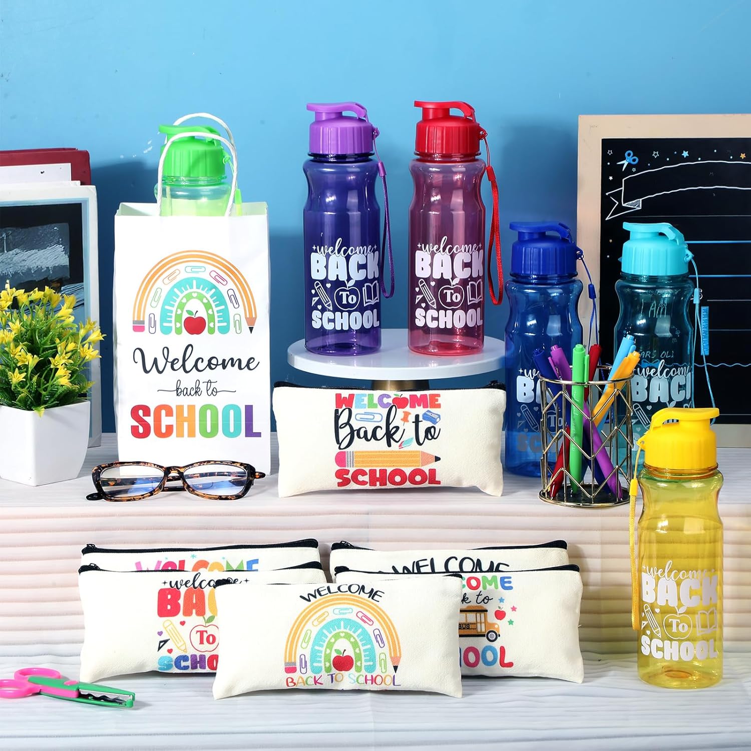 LemonRoad 48 Pcs Back to School Gifts Bulk for Students Teachers First Day of School Party Favors Including Water Bottle Pen Pouch Ballpoint Pens Gift Paper Bags Set for Class Reward Party Supplies