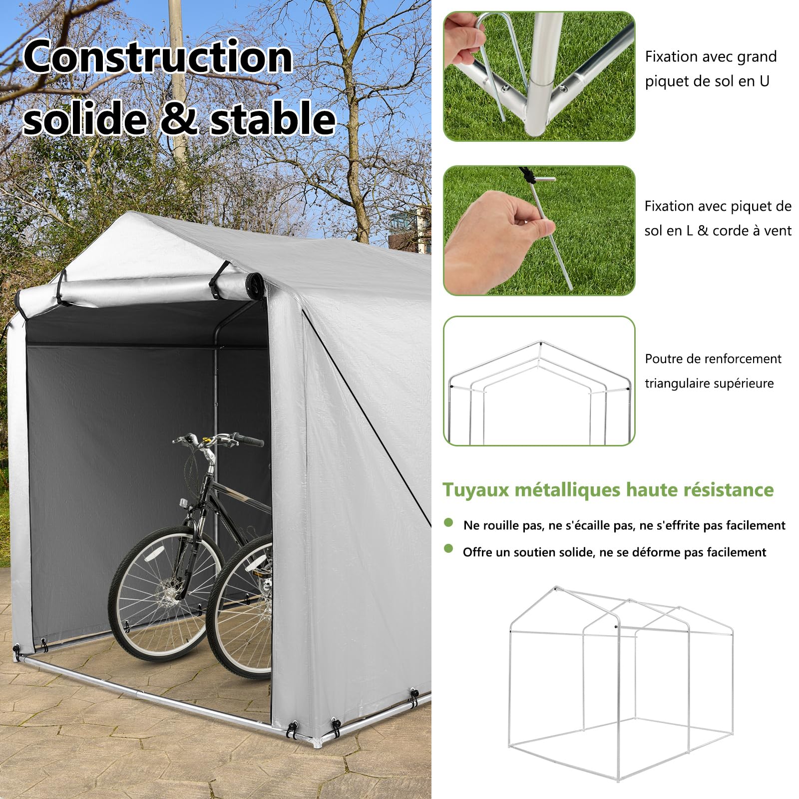 COSTWAY Abri de Vélos Extérieur de 160 x 218 x 164 cm, Abri de Garage Portable pour Vélos avec Porte à Fermeture Éclair Enroulable, Bache Motos pour Terrasse Jardin Cour (Gris Argenté)