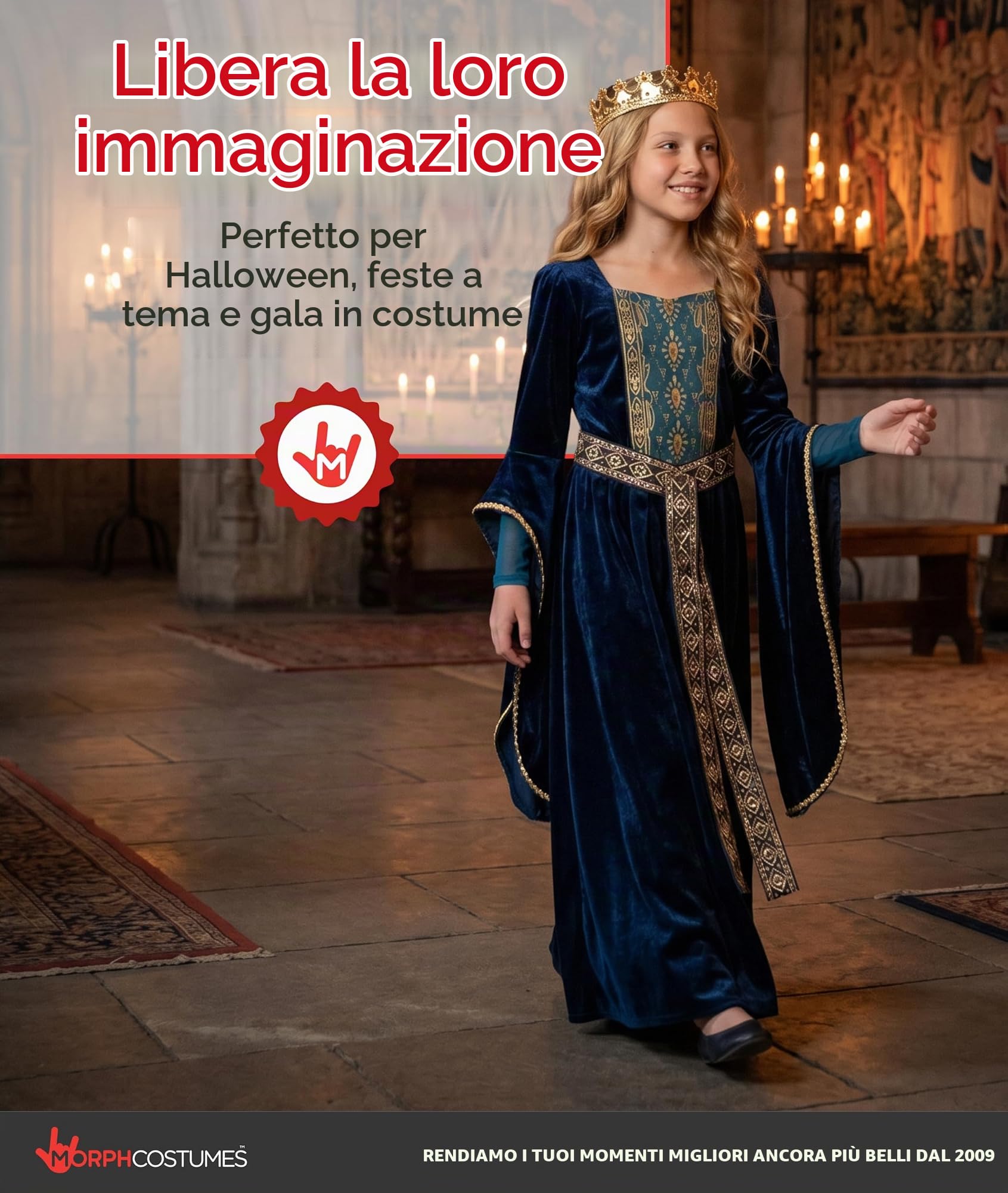 Morph Costume Principessa Medievale Blu per Bambina, Vestito Medievale Dama Rinascimentale per Bambine