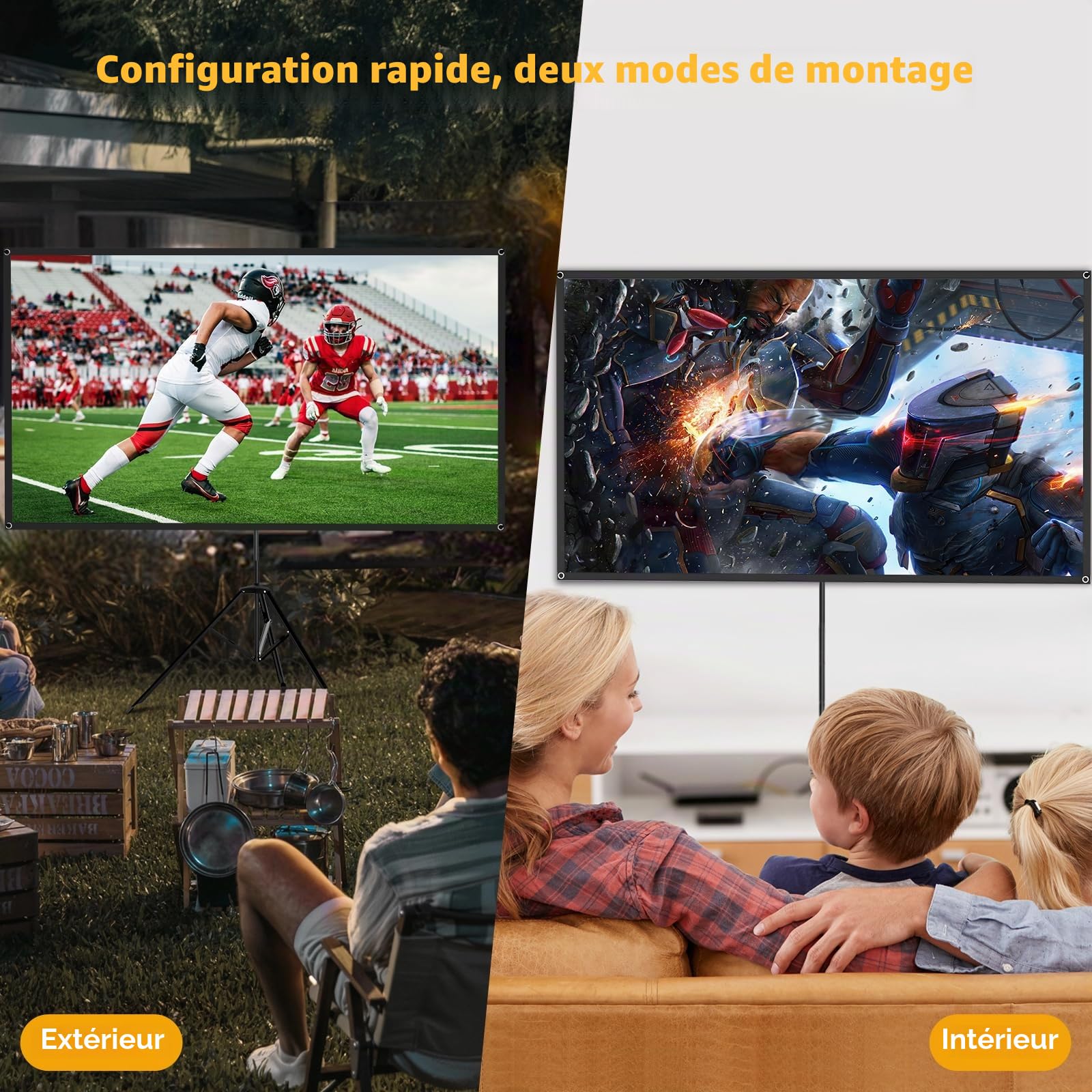 WASJOYE 80 inch Ecran Videoprojecteur,16:9 4K HD Ecran Videoprojecteur sur Pied,Conception Résistante au Vent,Livrée avec Une Corde et des Piquets,Idéale pour Le Home Cinéma et.