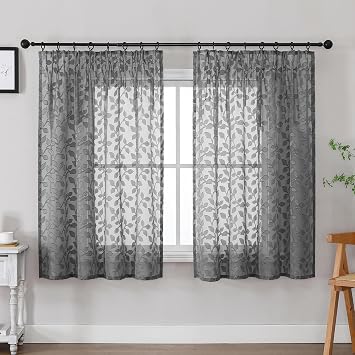 Simplebrand Charlton Gray Leaf Voile Curtains 2 Panels W140 x L122 cm