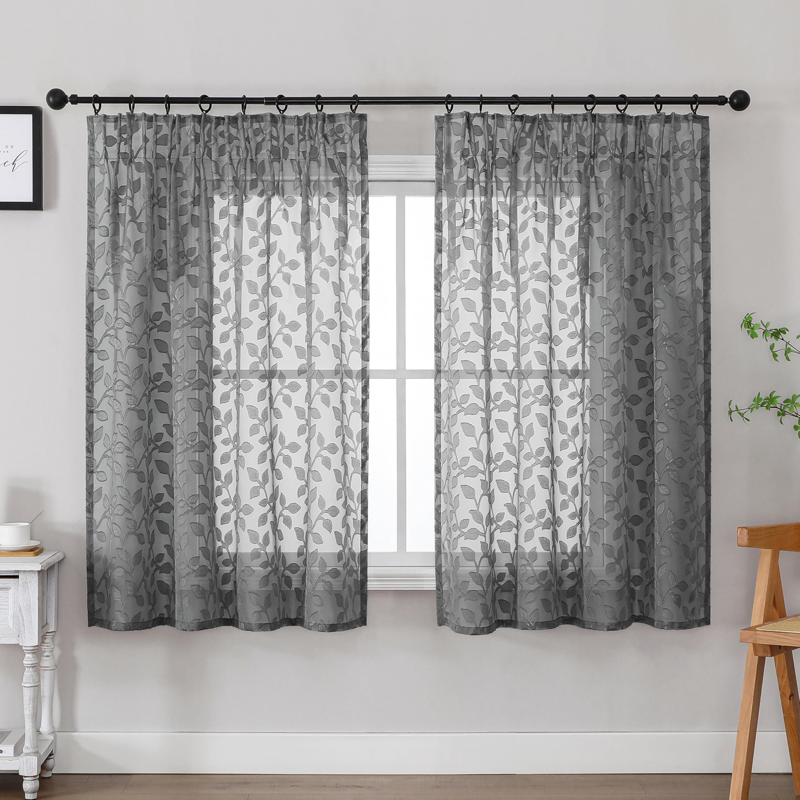 Simplebrand Grey Sheer Curtains Charlton Leaf 2 Panels W140 x L122cm, Clip Jacquard Pencil Pleat Drapes, Semi-Sheer Light Filtering Curtains for Kitchen Bathroom Small Windows, Decorative All Season