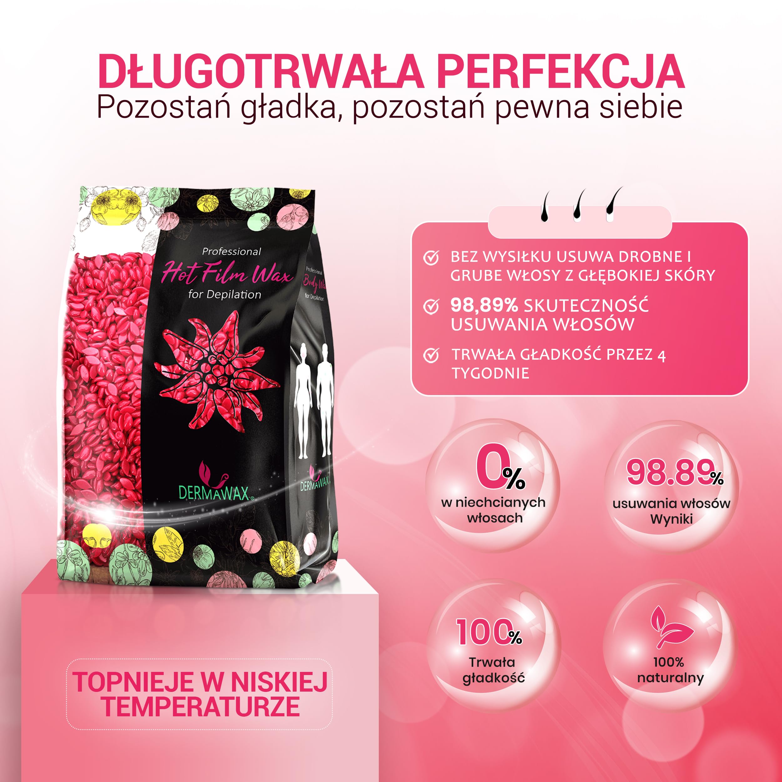 Dermawax Koraliki z wosku różanego, bez pasków do twarzy, bikini, nóg i pachy, koraliki z twardego wosku do skóry wrażliwej i grubych włosów, profesjonalny brazylijski zestaw do woskowania dla