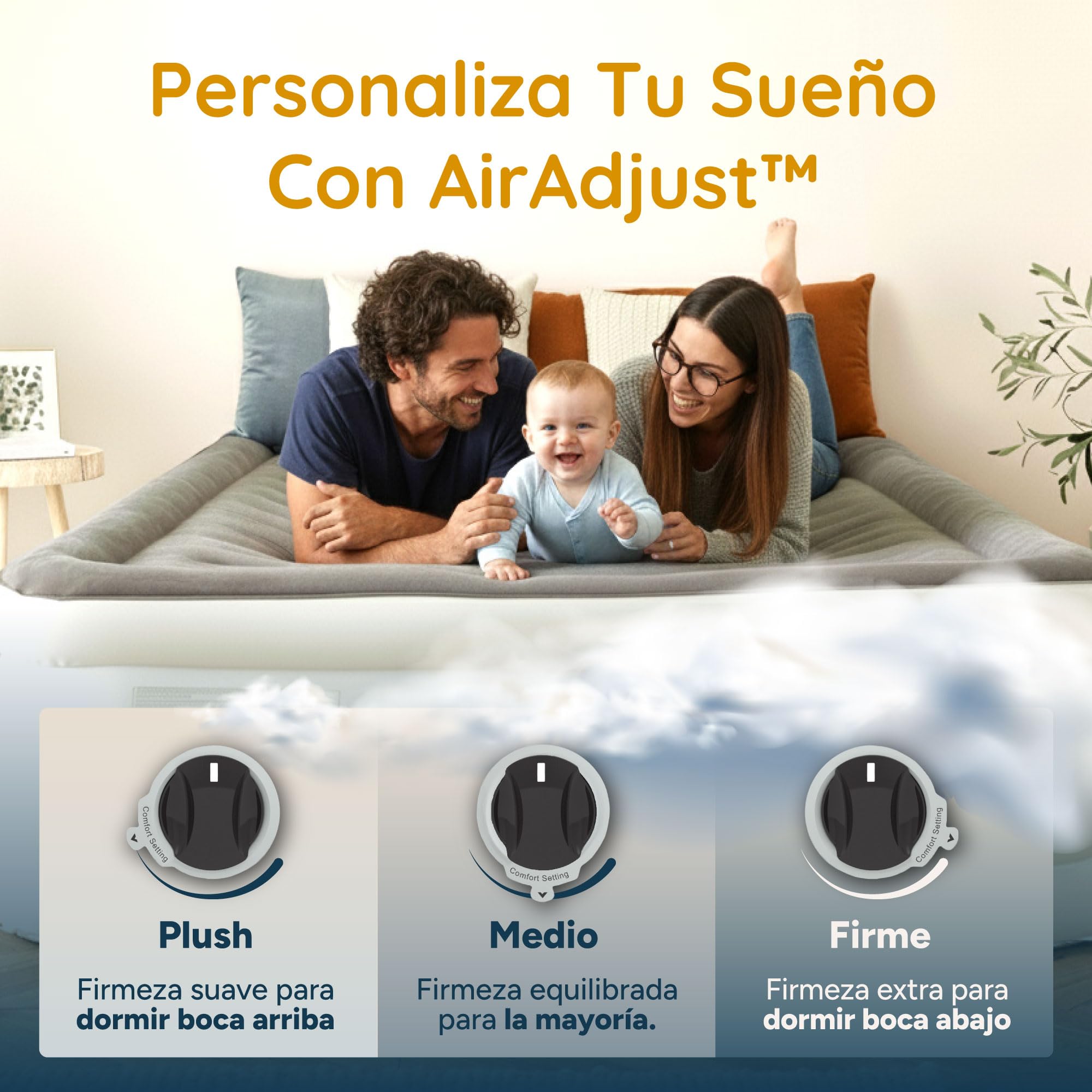 Huddle Never Deflate™ Luxury Colchón Inflable King Size, Ganador del Good Housekeeping 2025, con Hinchador Dual SlumberGuard™, firmeza Ajustable, Bomba integrada y luz Nocturna USB.