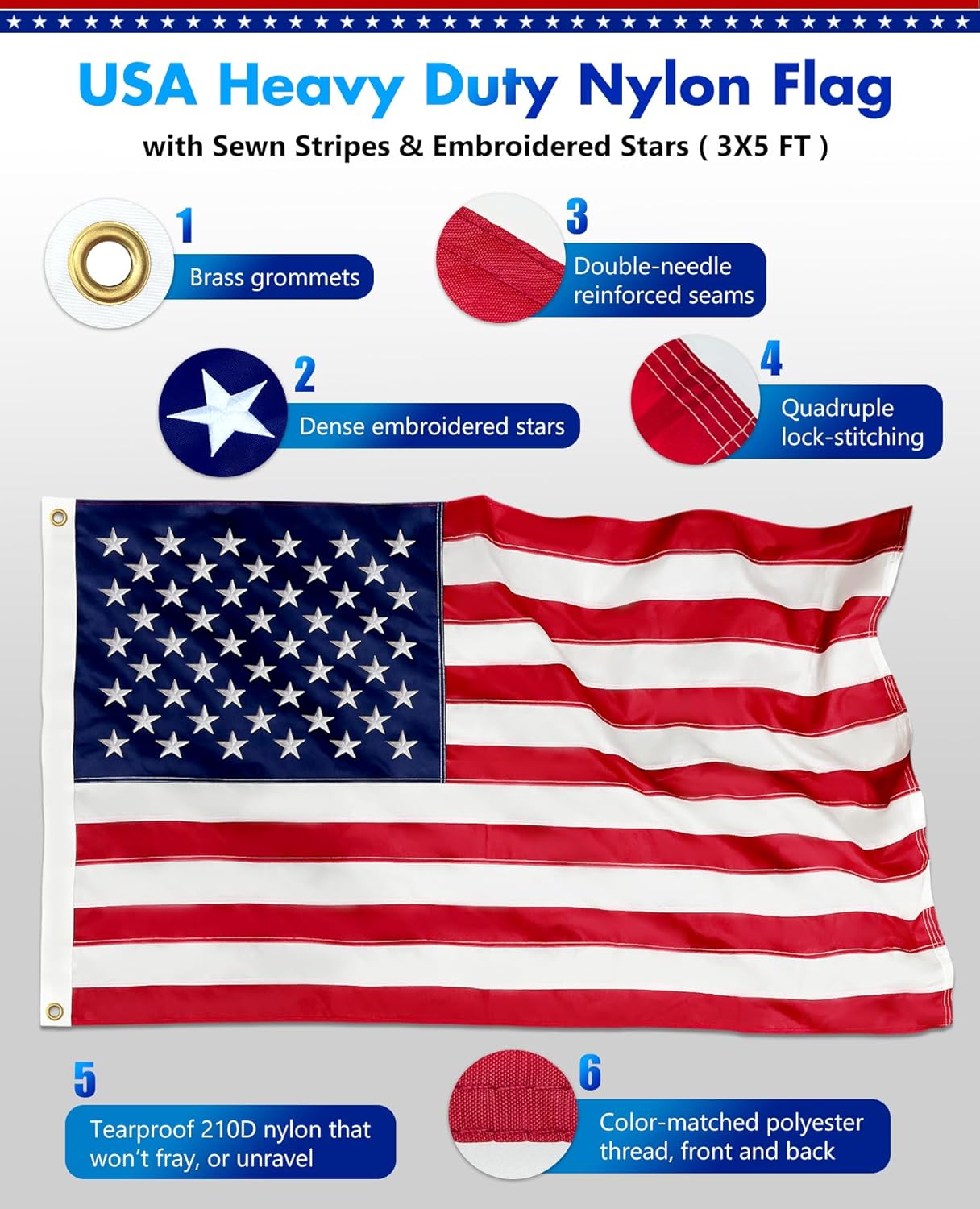 6FT Flag Pole For Outside House, Outdoor Flag Pole With Carbon Fiber, 2-Section Non-Wrapping Heavy Duty Flagpole Kit For Porch,Residential,Yard,Rustproof & Wind-Resistant（With 3X5 Nylon Flag, Bracket）