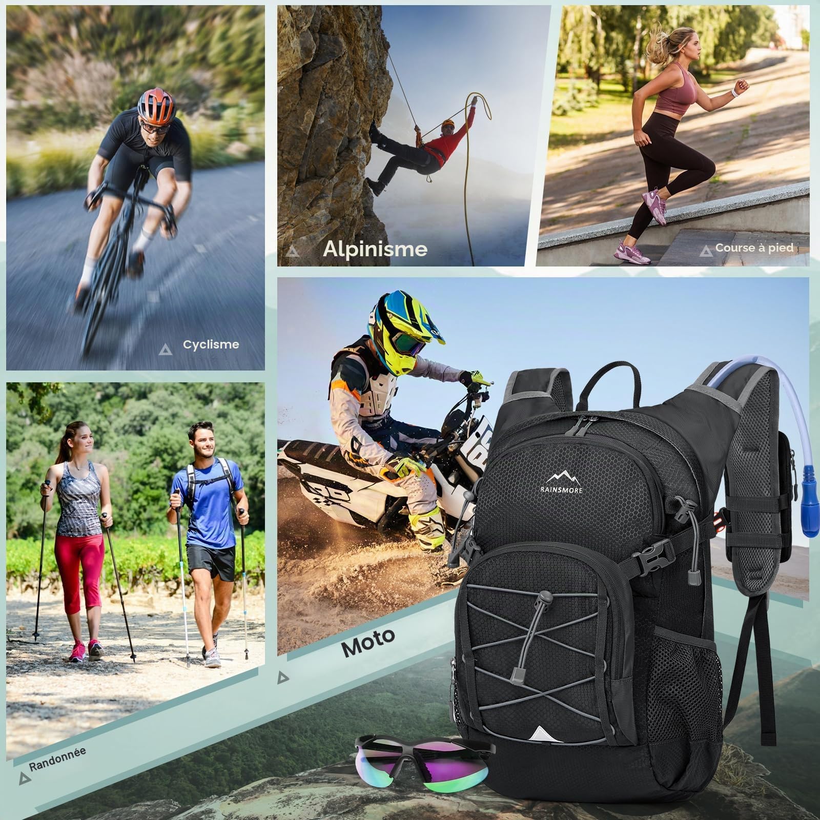 RAINSMORE Sac à Dos D'hydratation avec Vessie d'eau de 2L Sac à Dos Randonnée Moto Sport 18L Homme Femme Léger Isolé avec Housse de Pluie pour Course à Pied Cyclisme l'escalade Trail Running