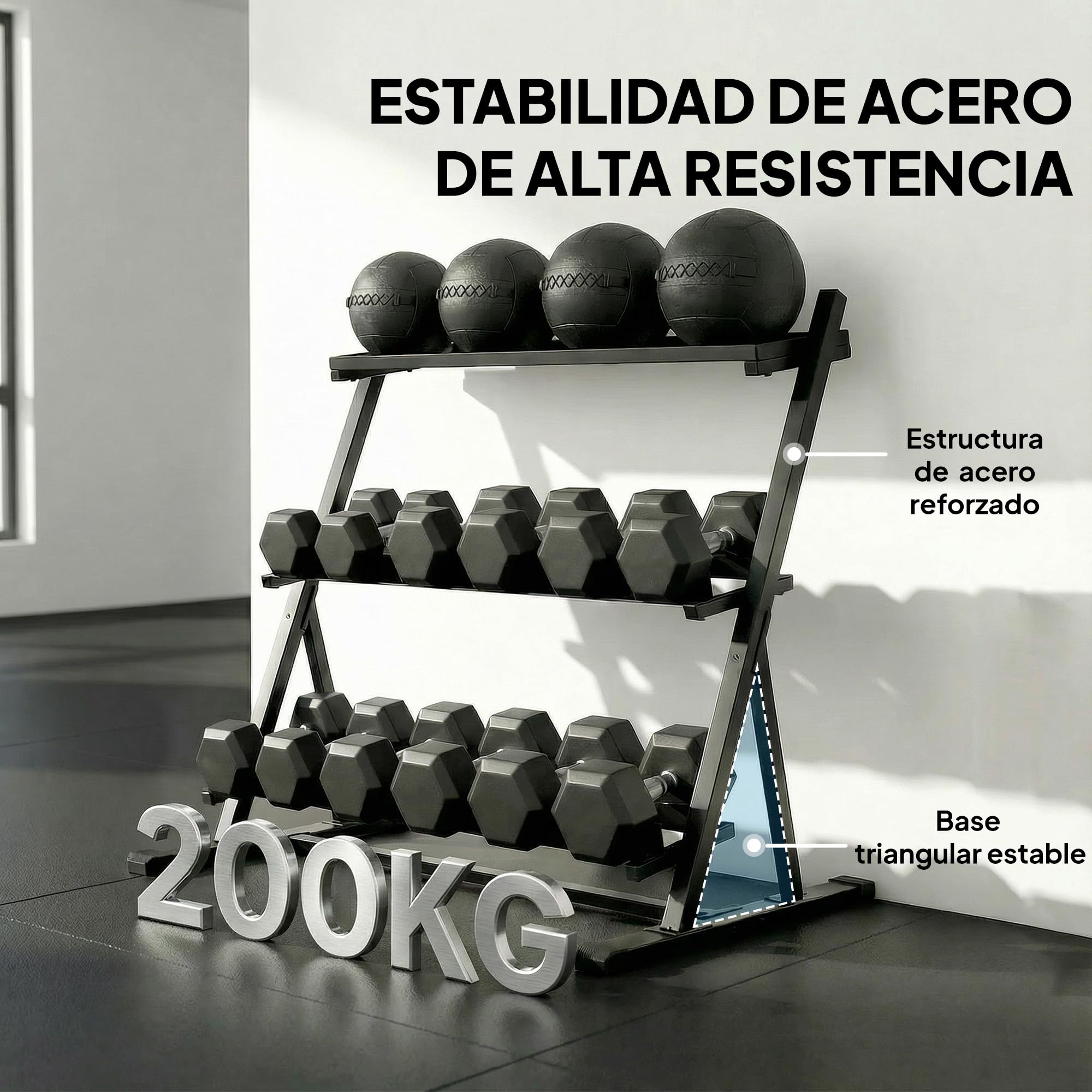 SPORTNOW Soporte Mancuernas de 3 Niveles con Barras Ajustables 88x66x88 cm