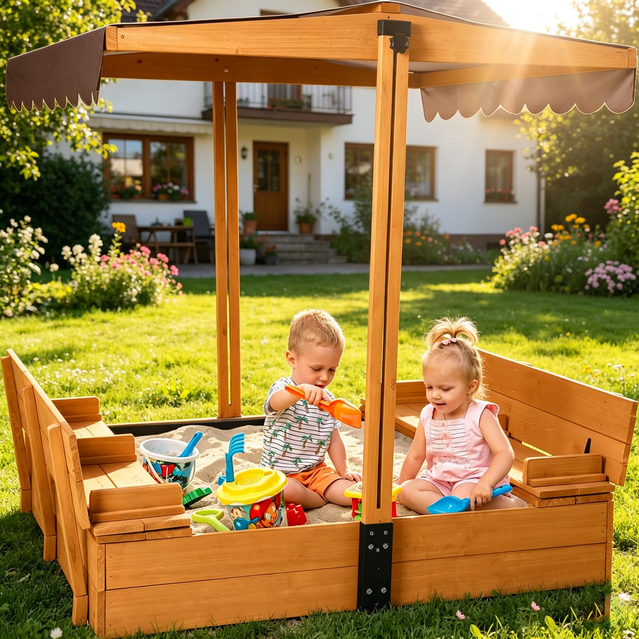 Aivituvin Sandbox with Lid and Cover for Kids, Outdoor Wood Sand box with 2 Foldable Bench Seats, Adjustable Canopy and Sand Protection Liner, 47.2"L x 47.2"W x 51.9"H