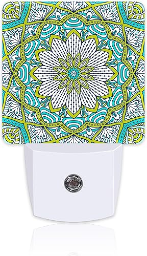 Luz nocturna vintage con diseño de mandala y flores enchufables a la pared, mandala verde, luz nocturna floral del atardecer al amanecer, 0.5 W,