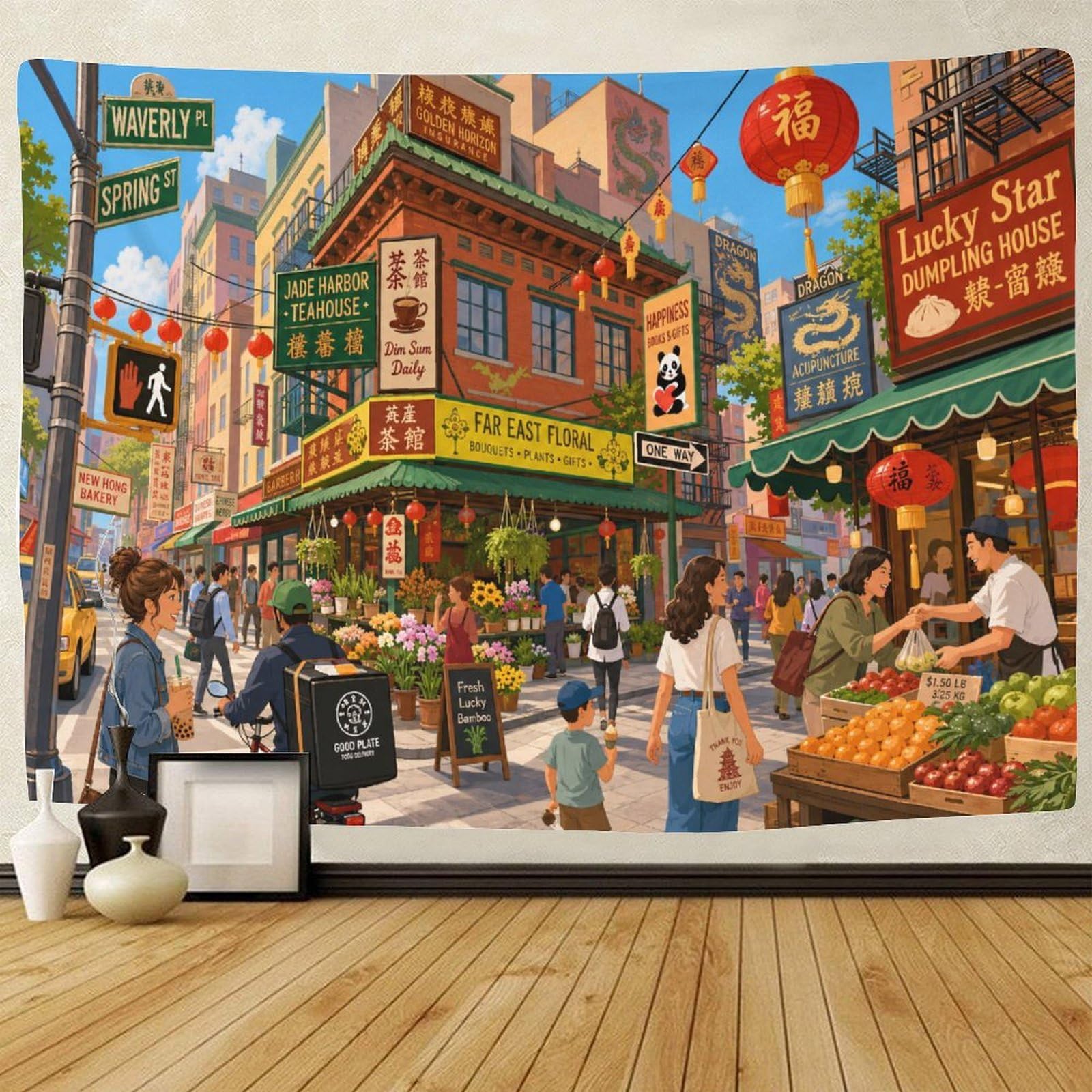 GPMNBCXZK Vintage Chinatown Street 3D Print Wall Tapestry Wall Art Decor Tapestries Poster Curtain Living Room College Dorm 100cmx150cm