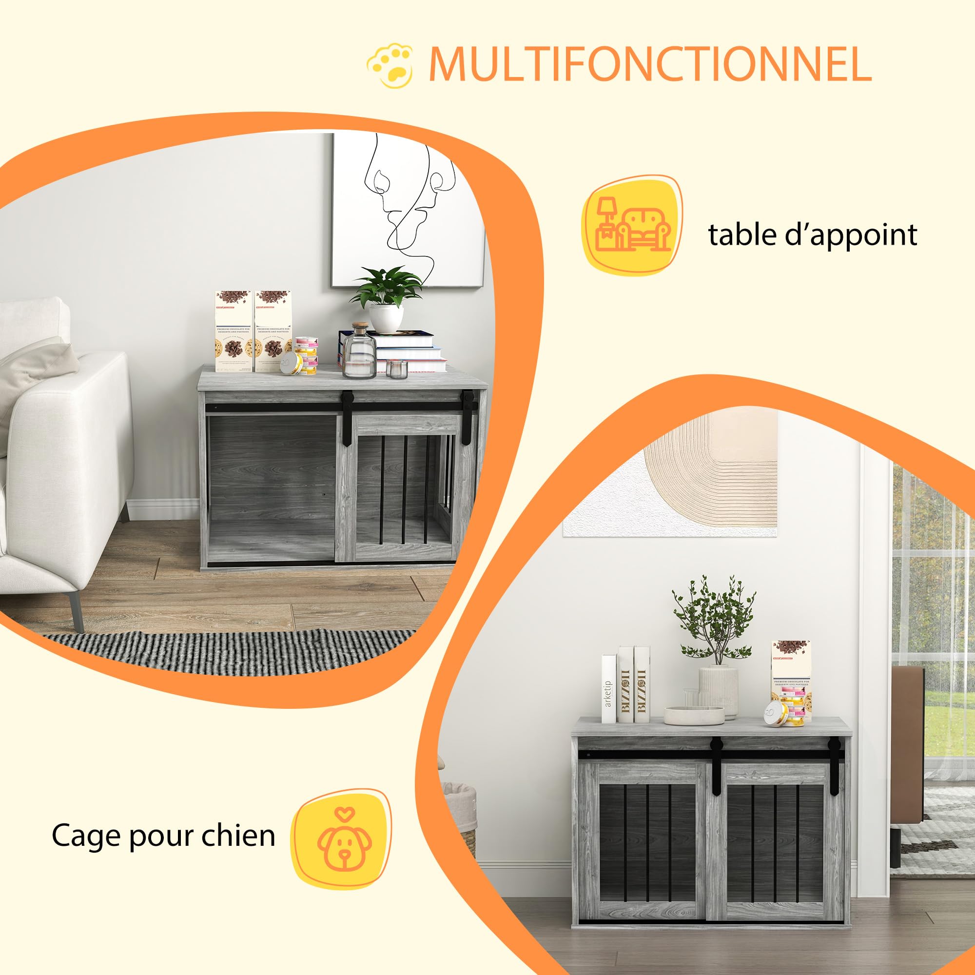 PawHut Hundebox für Hunde und andere Haustiere, Innenkäfig, 1 Schiebetür, Beistelltisch, Metall in Holzoptik, Maße: 57 H x 80 L x 54 B cm